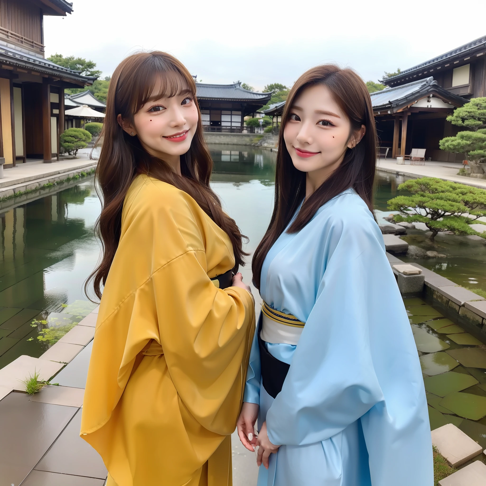 ((Best Masterpiece)), ((High Quality)), ((Real)), ((8k)) super beautiful, cute, kimono, kyoto, Japan persons, 24 years old, 2 female, slender, full-body, side-by-side, walking, sony slr photography, 1 long hair, 1 bob hair, looking at camera, kyoto-cityscape,smile, rain, background realistic, photo,moles under eyes, moles at mouth