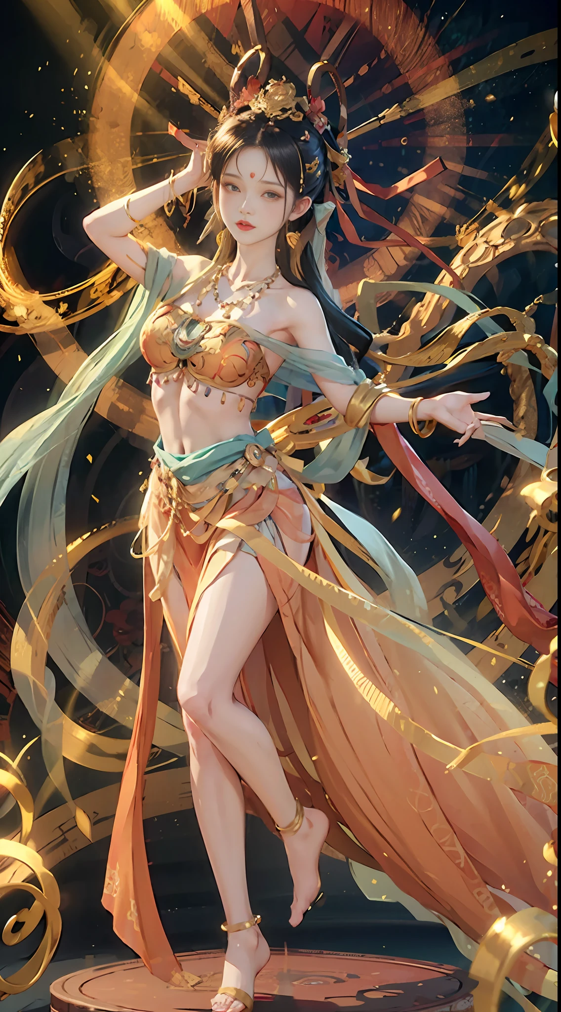 (8k, RAW photos, top quality, masterpieces: 1.2), (realistic, photorealistic: 1.4), (highly detailed CG unified 8k wallpapers), (1 slim girl: 1.5), (yellow skirt: 1.4), red dots on the forehead, pale skin, blush, detailed eyes, full body, thighs, open navel, gold waist chain, luxurious gold ornaments, flying ribbons, particles, background is mandala, ancient city walls, desert, dance, dunhuang_dress, dunhuang_style,