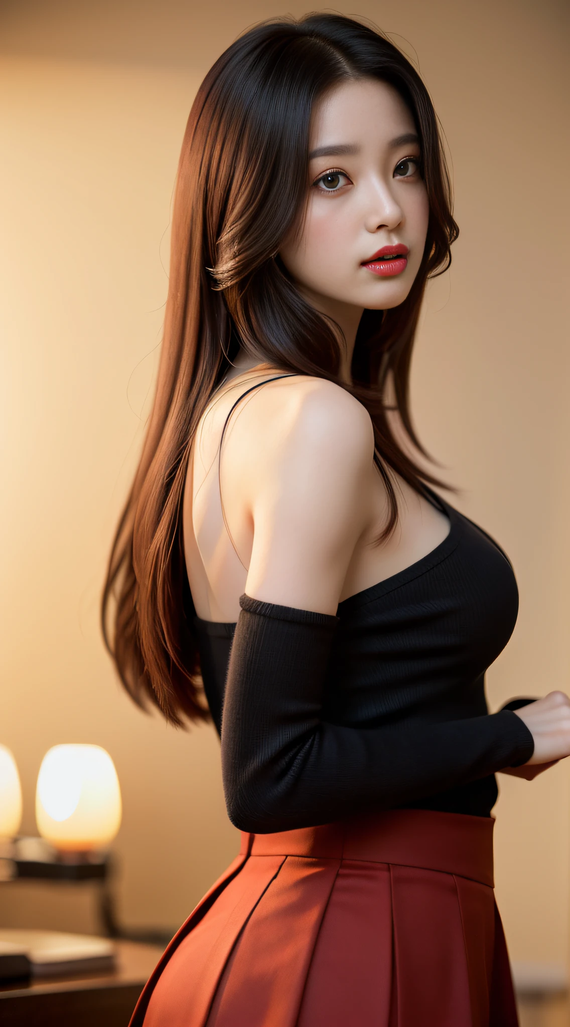 Bishōjo college student, masterpiece, light makeup, red lips, red hair, messy long hair, pure background, beautiful, elegant. Ultra fine details, masterpieces, realistic texture, cinematic lighting realism, perfect work, 8k, high-definition, exquisite facial features, black shirt, black buttocks skirt, and exquisite curves