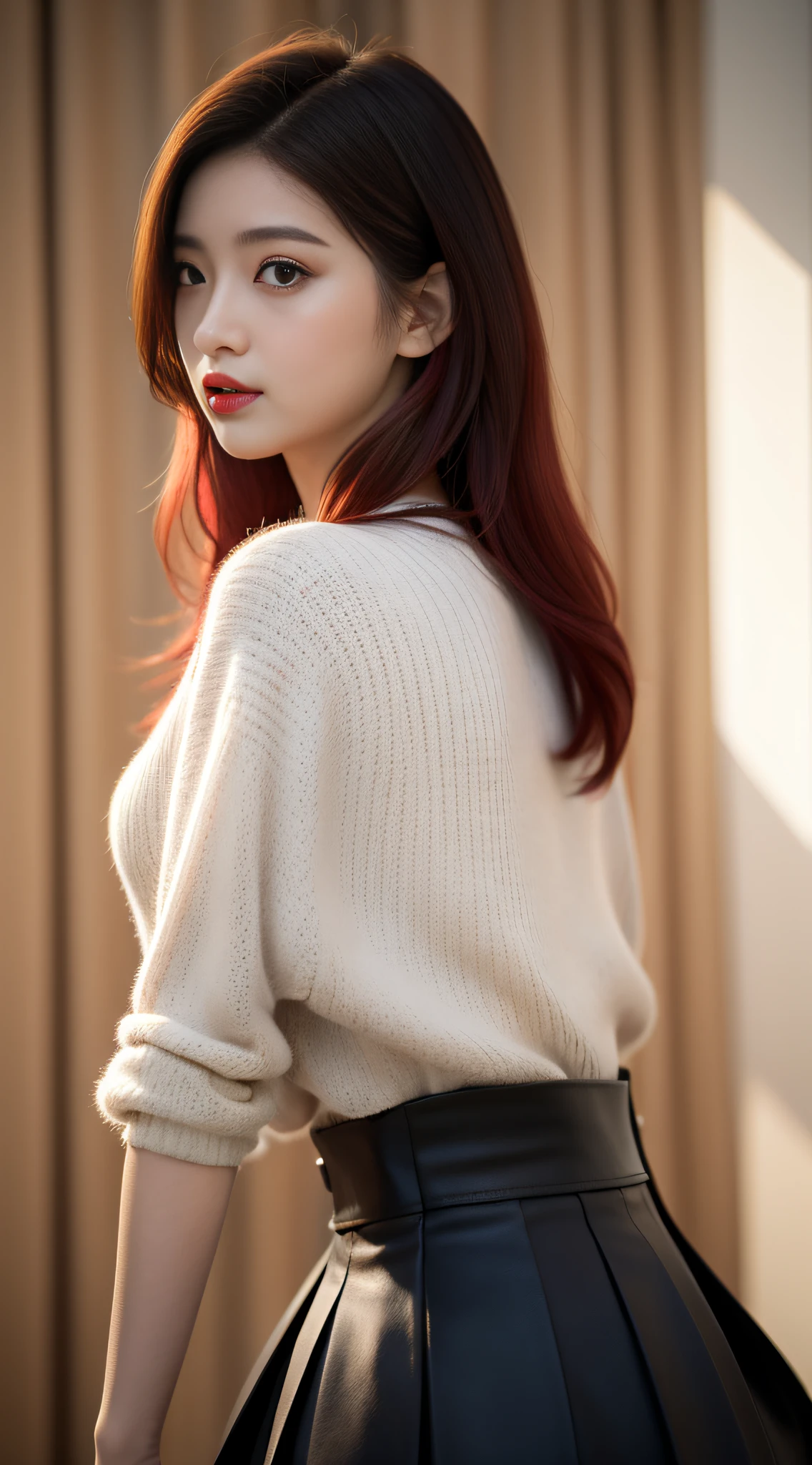 Bishōjo college student, masterpiece, light makeup, red lips, red hair, messy long hair, pure background, beautiful, elegant. Ultra fine details, masterpieces, realistic texture, cinematic lighting realism, perfect work, 8k, high-definition, exquisite facial features, black shirt, black buttocks skirt, and exquisite curves