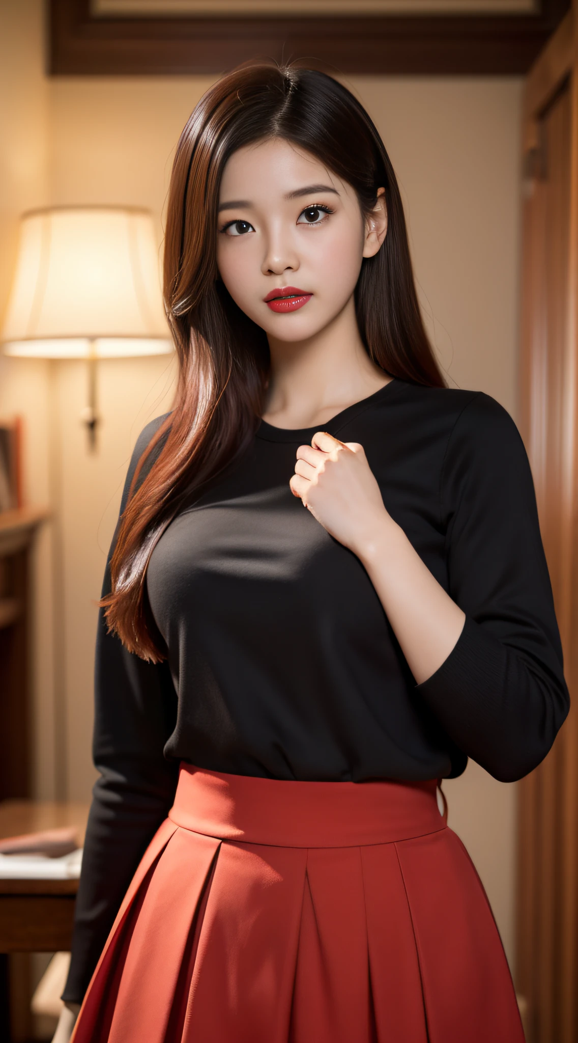 Bishōjo college student, masterpiece, light makeup, red lips, red hair, messy long hair, pure background, beautiful, elegant. Ultra fine details, masterpieces, realistic texture, cinematic lighting realism, perfect work, 8k, high-definition, exquisite facial features, black shirt, black buttocks skirt, and exquisite curves