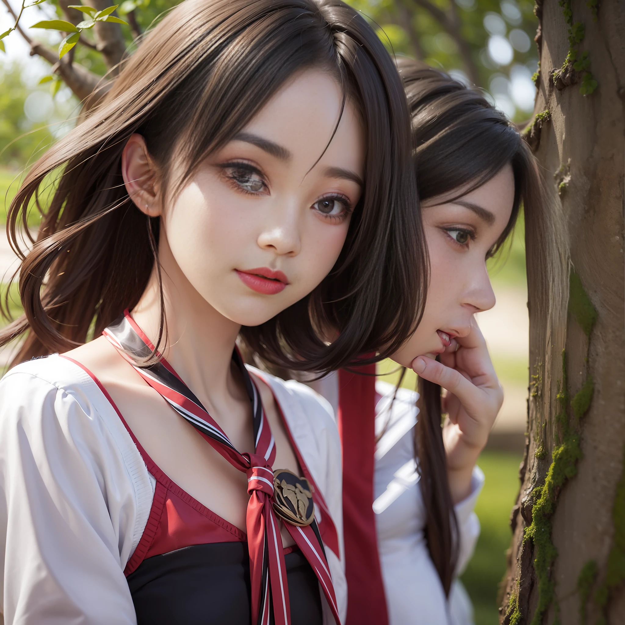 Gender women with red hearts in their eyes are tied to a tree