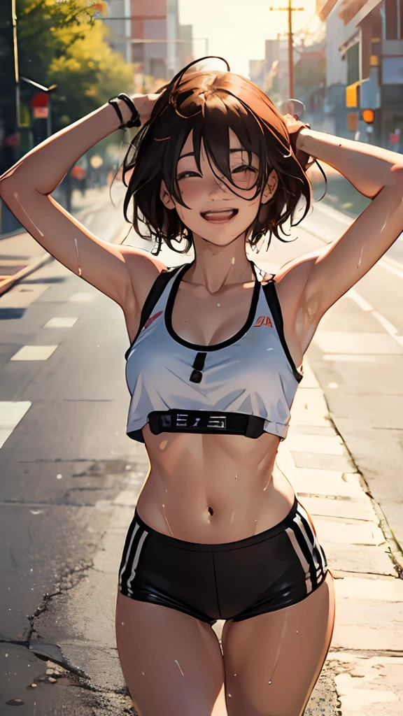 A girl, sunlight, full of vitality, opens her arms wide, sweat glistening on her body, happy, on a clean road