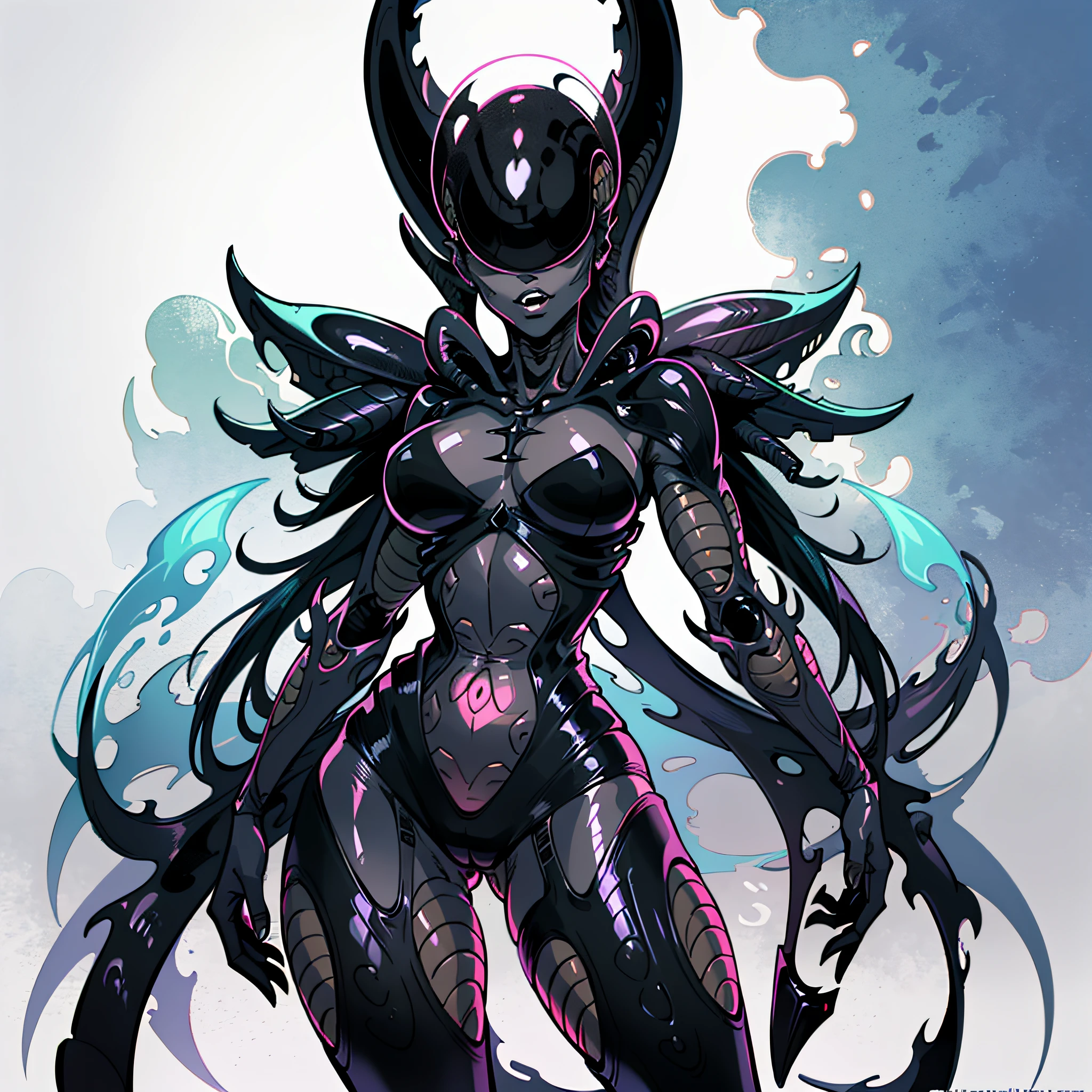 Cartoon photo of a woman in a black costume, monster girl, monster body, (hot insect humanoid woman), guyver style, red eyes, scarabeleploid, tentacles imitating a tail, cel shade adult animation, (alien queen), serpentine pose, Female Monster Transformation, (( Alien Woman)), Xeno