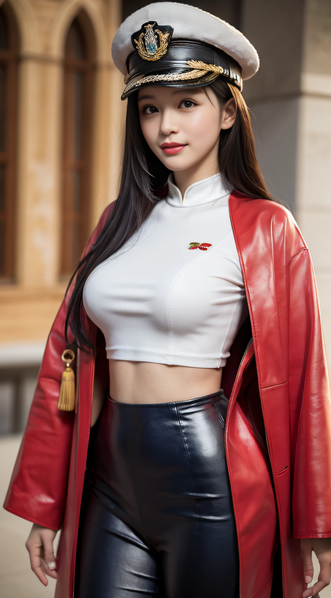 "Top CG, highest quality, smile, delicate and delicate beautiful girl, imperial pope, {{185cm big beauty}}, (tall), royal sister, military lady temperament, holy pope, fair skin, exposed chest, long legs, perfect facial features, bright eyes, officer hat, red lips, beautiful and cold, {{big breasts}}, beautiful and handsome, long blue hair, officer epaulettes, see-through visible skin, {{girl in red army coat}}, super detailed, { Blue lines on clothes}, delicate glowing eyes, crop top, white and blue leather clothing, tight leather clothing, 4K picture quality, urban beauty, modern urban, realistic portrait,