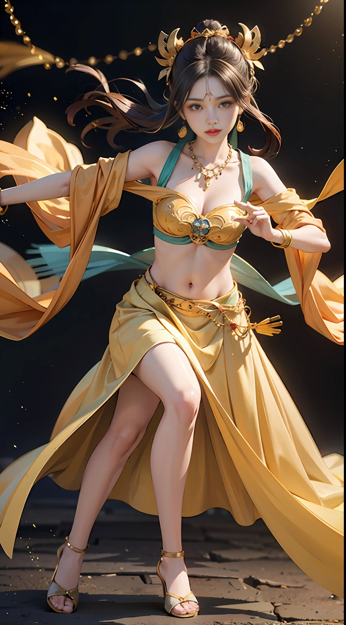 (8k, RAW photos, top quality, masterpieces: 1.2), (realistic, photorealistic: 1.4), (highly detailed CG unified 8k wallpapers), (1 slim girl: 1.5), (yellow skirt: 1.4), red dots on the forehead, pale skin, blush, detailed eyes, full body, thighs, open navel, gold waist chain, luxurious gold ornaments, flying ribbons, particles, background is mandala, ancient city walls, desert, dance, dunhuang_dress, dunhuang_style,