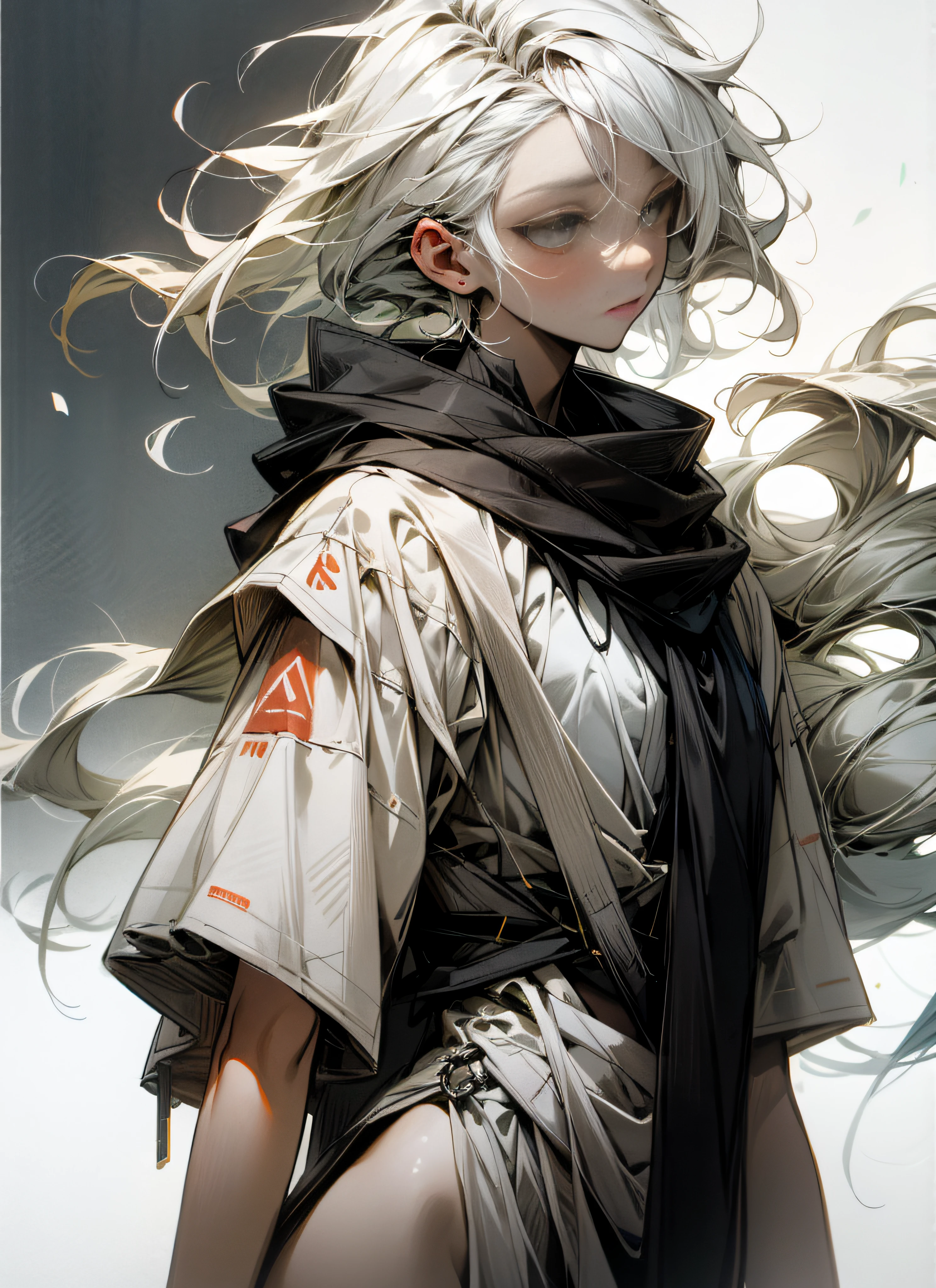 White hair, white shirt, no clothes on the lower body