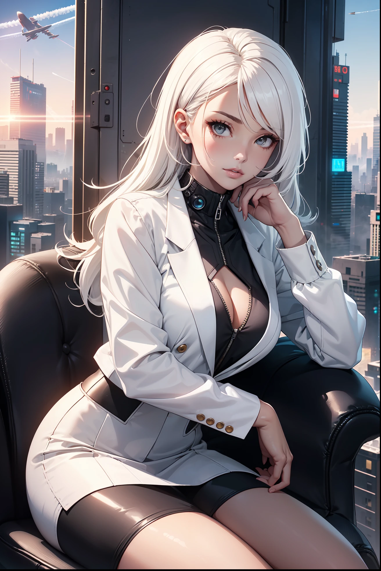(masterpiece:1.3), (8k, photorealistic, RAW photo, best quality: 1.4), (1girl), beautiful face, (realistic face), Nice hairstyle，Realistic Eyes，Nice detail eyes，（Realistic Skin），Beautiful Skin，Ridiculous，attractive，Ultra high Resolution，an ultra realistic，RAWExtremely detailed，golden proportions, Woman wearing business outfit, white formal blazer, white blouse, white high waist business skirt, beautiful, masterpiece, best quality, perfect lighting, (white hair:1.4), long hair, (grey eyes:1.2), slender build, thin, medium breasts, business woman, ceo of small arms and aerospace centered mega corporation, sitting in luxurious black office chair, giant modern window with view overlooking dusk cyberpunk city skyline in background, torso shot, dusk, (cyberpunk city background:1.3), (Hazy sky:1.2), (Dim red sun:1.3), eyelashes, dark eyeliner, cyberpunk, older, sleek modern-futuristic office, (white clothes:1.2), (aerospace:1.1), (distant contrail rising up into the sky:1.3)