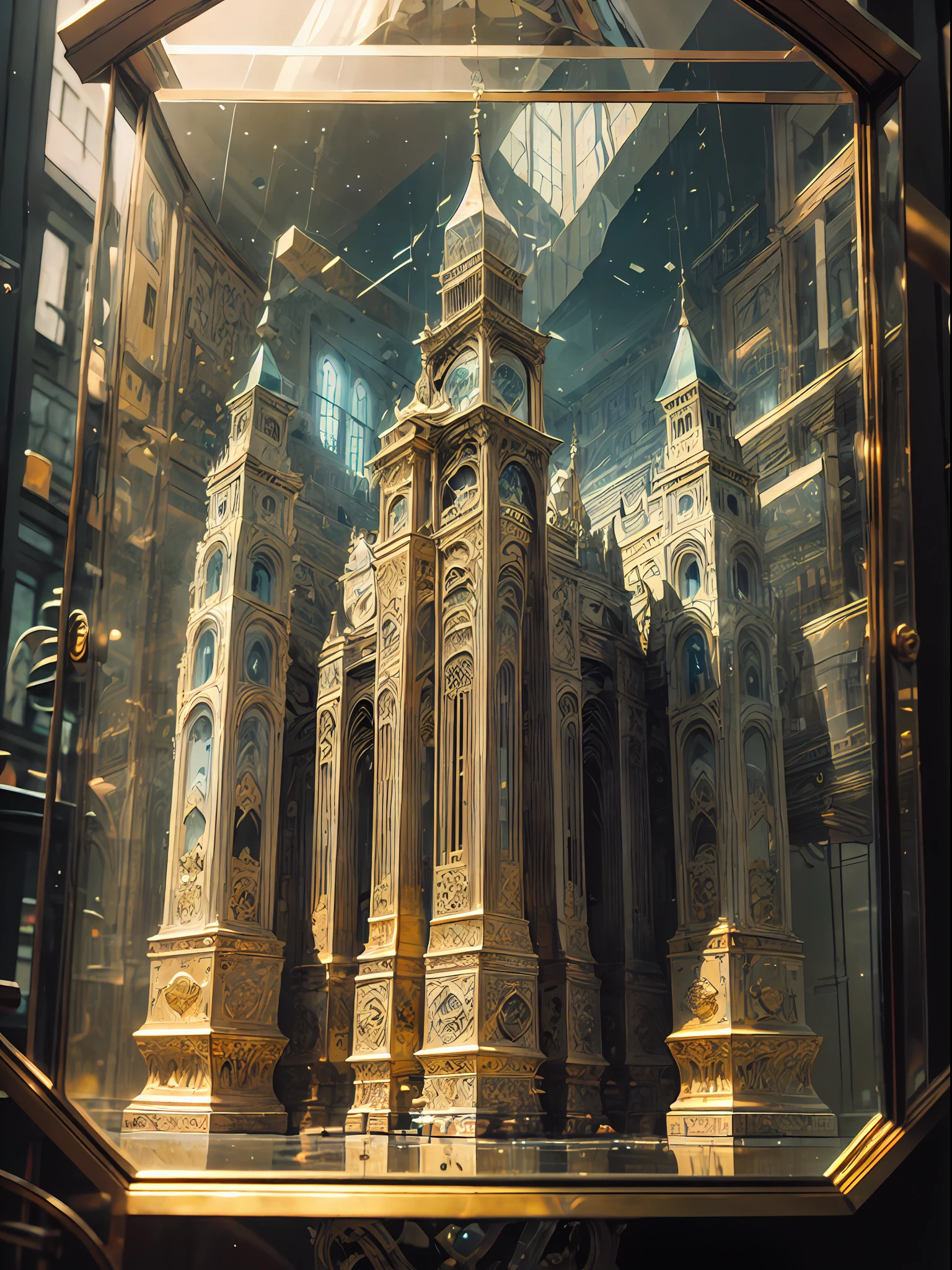 GlassSteelAI, (best quality:1.15), (masterpiece:1.17), (detailed:1.15), (realistic:1.2), (intricate:1.3),analog style, Dappled Light, close up, cinematic light, sidelighting, ultra high res, best shadow, RAW, (Kaaba) , (KnollingCaseQuiron style), glass case, display case, (KnollingCase:1.5), no humans, scenery, still life, mirror, box, reflection, crystal,