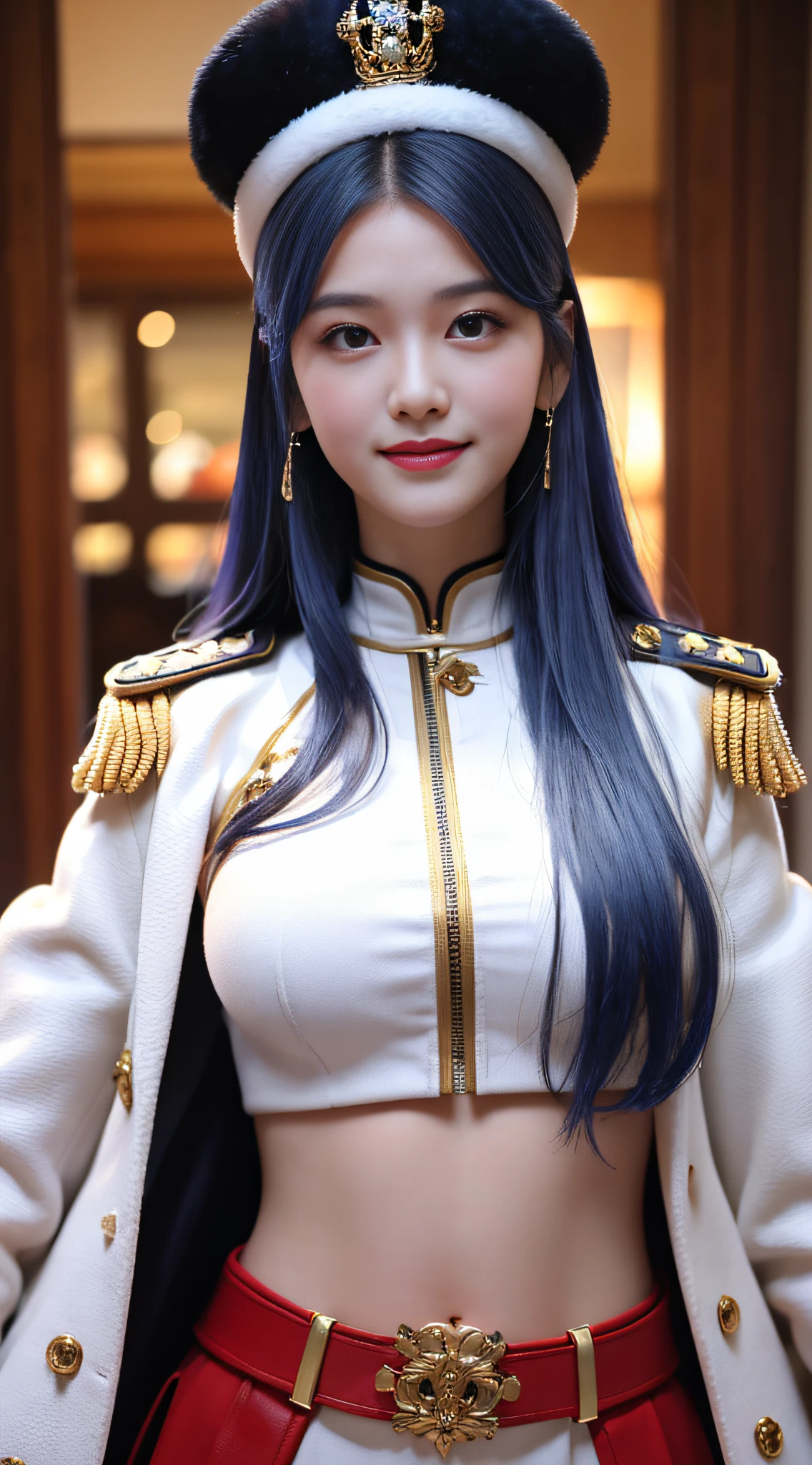"Top CG, highest quality, smile, delicate and delicate beautiful girl, imperial pope, {{185cm big beauty}}, (tall), royal sister, military lady temperament, holy pope, fair skin, exposed chest, long legs, perfect facial features, bright eyes, officer hat, red lips, beautiful and cold, {{big breasts}}, beautiful and handsome, long blue hair, officer epaulettes, see-through visible skin, {{girl in red army coat}}, super detailed, { Blue lines on clothes}, delicate glowing eyes, crop top, white and blue leather clothing, tight leather clothing, 4K picture quality, urban beauty, modern urban, realistic portrait,