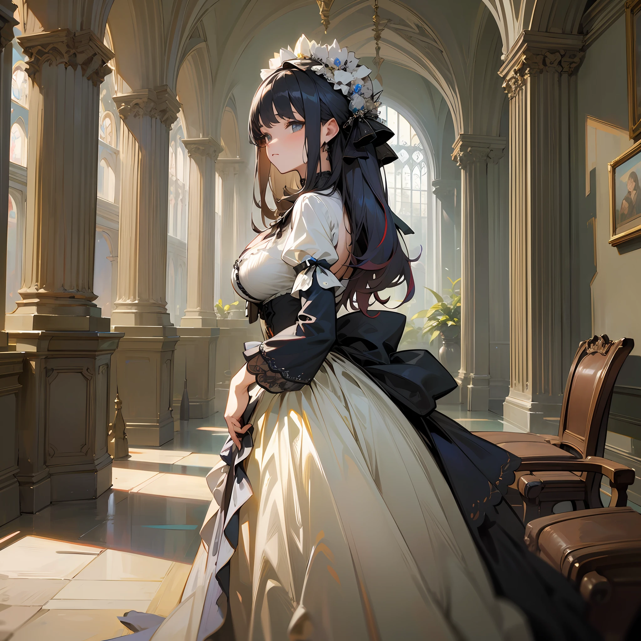 (Pure Color: 0.9), (Color: 1.1), (Masterpiece: 1,2), Best Quality, Masterpiece, High Resolution, Original, Highly Detailed Wallpaper, Beauty, Beauty, Victorian, Dress, Melancholy, Big Breasts, --auto --s2