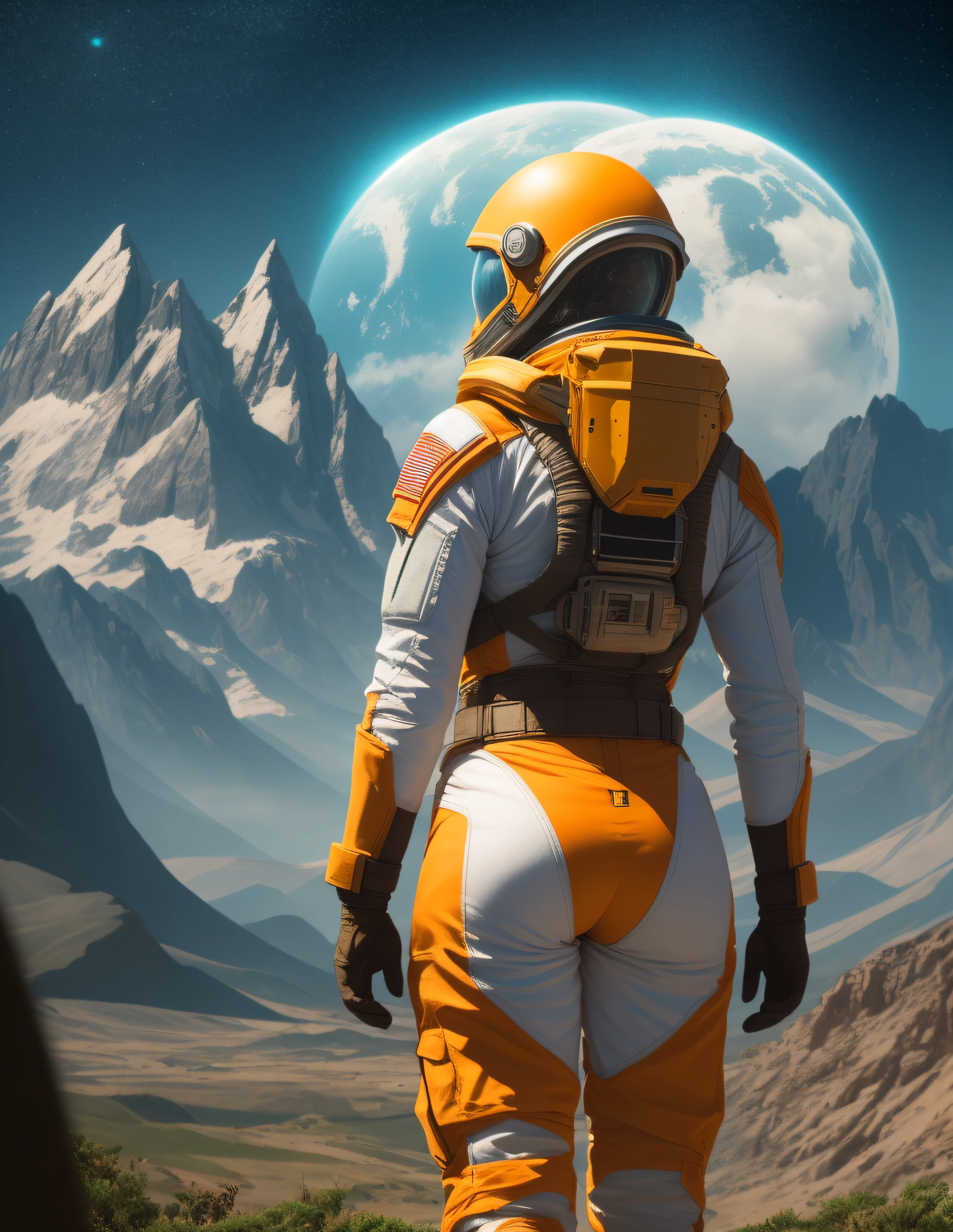 rear angle, Highly detailed RAW color Photo, Rear Angle, Full Body, of (female soldier, wearing orange and white, shield, accentuated booty), outdoors, (looking up at advanced alien structure, on alien planet), toned body, (sci-fi), (mountains:1.1), (lush green vegetation), (two moons in sky:0.8), (highly detailed, hyperdetailed, intricate), ((DAY TIME)), (lens flare:0.7), (bloom:0.7), particle effects, raytracing, cinematic lighting, shallow depth of field, 50mm wide angle lens, sharp focus, cinematic film still from Gravity 2013, from behind
