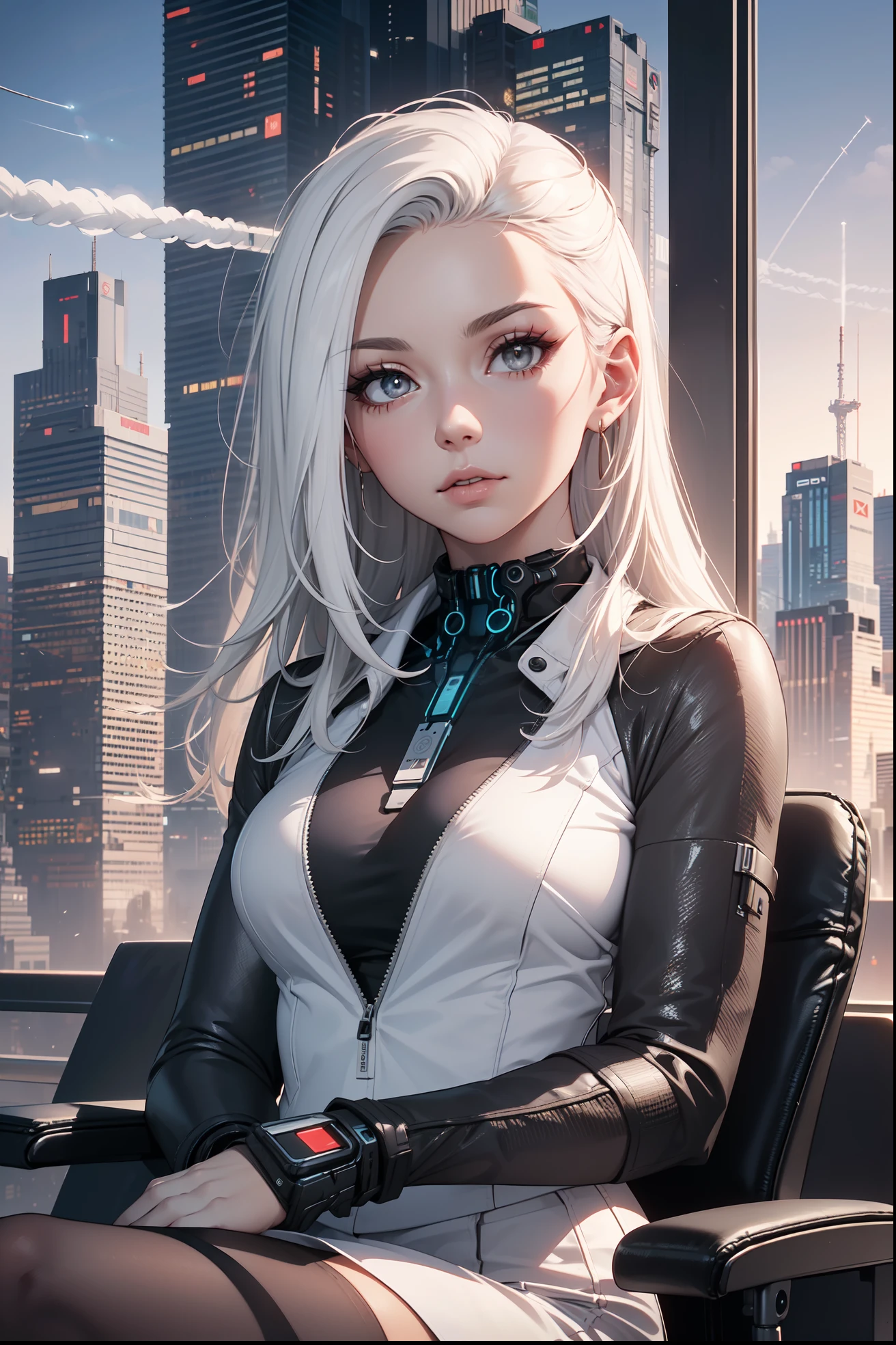 (masterpiece:1.3), (8k, photorealistic, RAW photo, best quality: 1.4), (1girl), beautiful face, (realistic face), Nice hairstyle,Realistic Eyes,Nice detail eyes,(Realistic Skin),Beautiful Skin,Ridiculous,attractive,Ultra high Resolution,an ultra realistic,RAWExtremely detailed,golden proportions, Woman wearing business outfit, white formal blazer, white blouse, white high waist business skirt, beautiful, masterpiece, best quality, perfect lighting, (white hair:1.4), long hair, (grey eyes:1.2), slender build, thin, medium breasts, business woman, ceo of small arms and aerospace centered mega corporation, sitting in luxurious black office chair, giant modern window with view overlooking dusk cyberpunk city skyline in background, torso shot, dusk, (cyberpunk city background:1.3), (Hazy sky:1.2), (Dim red sun:1.3), eyelashes, dark eyeliner, cyberpunk, older, sleek modern-futuristic office, (white clothes:1.2), (aerospace:1.1), (distant contrail rising up into the sky:1.3)