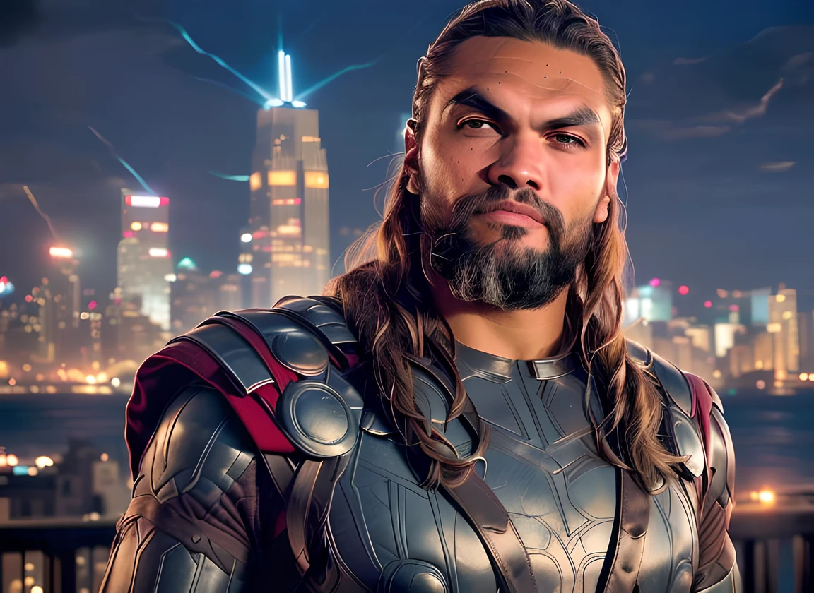 a close up of a man in a suit of armor with a city in the background, jason momoa as assyrian, asgardian, by Alexander Fedosav, jason momoa as conan, jason momoa, thor, film still from 'thor', starring in thor ragnarok film, jonathan winterhart, maximus jacobs