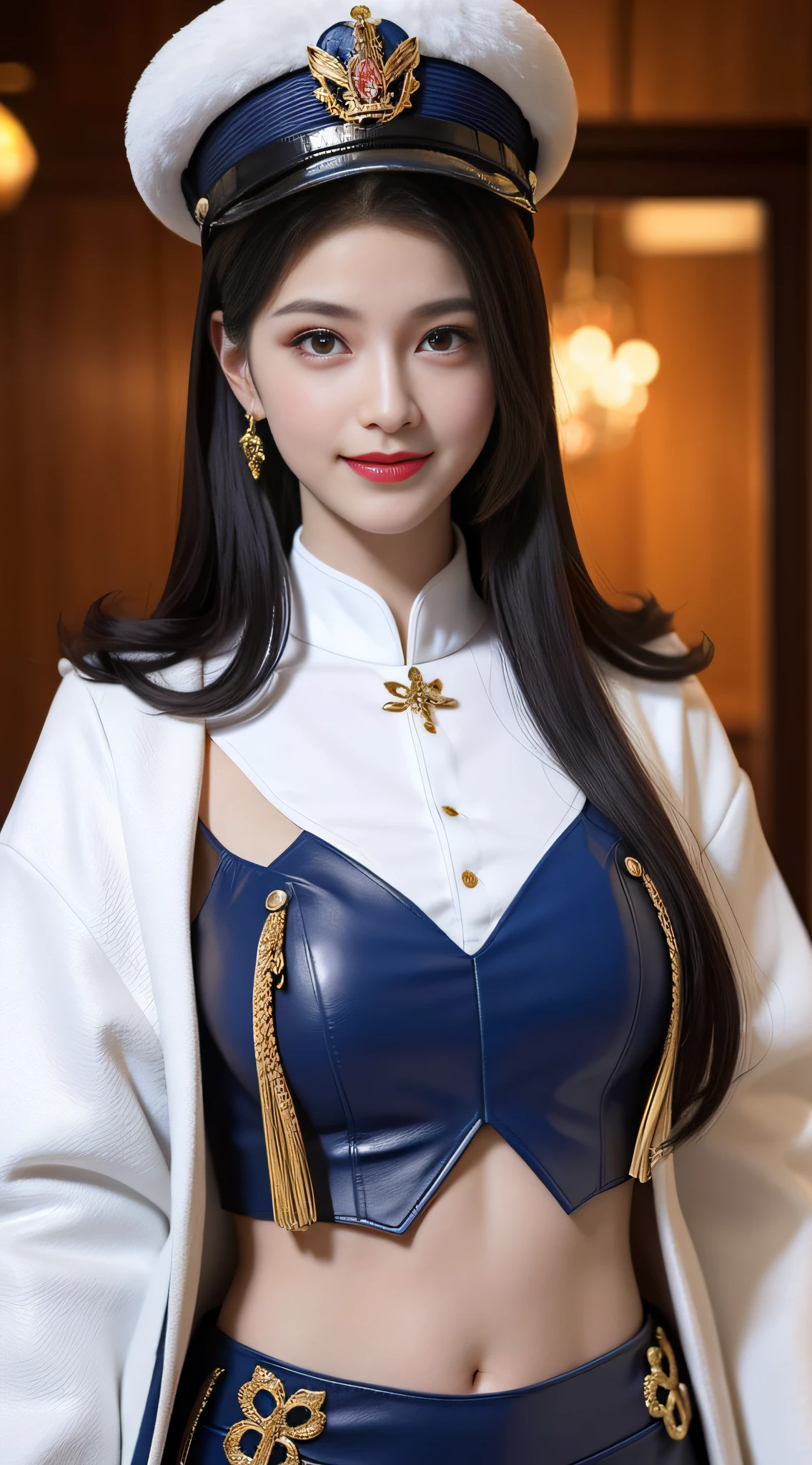 "Top CG, highest quality, smile, delicate and delicate beautiful girl, imperial pope, {{185cm big beauty}}, (tall), royal sister, military lady temperament, holy pope, fair skin, exposed chest, long legs, perfect facial features, bright eyes, officer hat, red lips, beautiful and cold, {{big breasts}}, beautiful and handsome, long blue hair, officer epaulettes, see-through visible skin, {{girl in red army coat}}, super detailed, { Blue lines on clothes}, delicate glowing eyes, crop top, white and blue leather clothing, tight leather clothing, 4K picture quality, urban beauty, modern urban, realistic portrait,