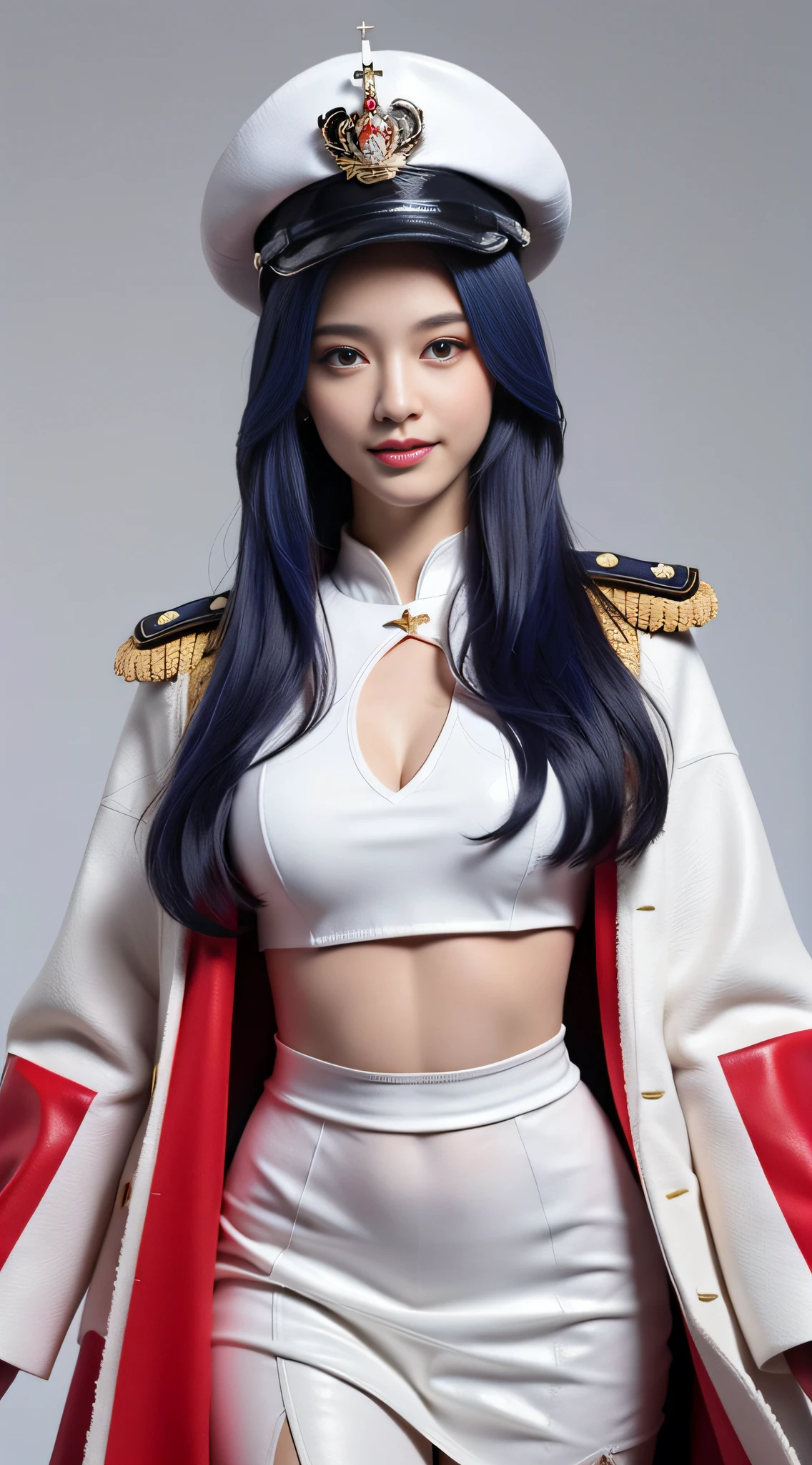 "Top CG, highest quality, smile, delicate and delicate beautiful girl, imperial pope, {{185cm big beauty}}, (tall), royal sister, military lady temperament, holy pope, fair skin, exposed chest, long legs, perfect facial features, bright eyes, officer hat, red lips, beautiful and cold, {{big breasts}}, beautiful and handsome, long blue hair, officer epaulettes, see-through visible skin, {{girl in red army coat}}, super detailed, { Blue lines on clothes}, delicate glowing eyes, crop top, white and blue leather clothing, tight leather clothing, 4K picture quality, urban beauty, modern urban, realistic portrait,
