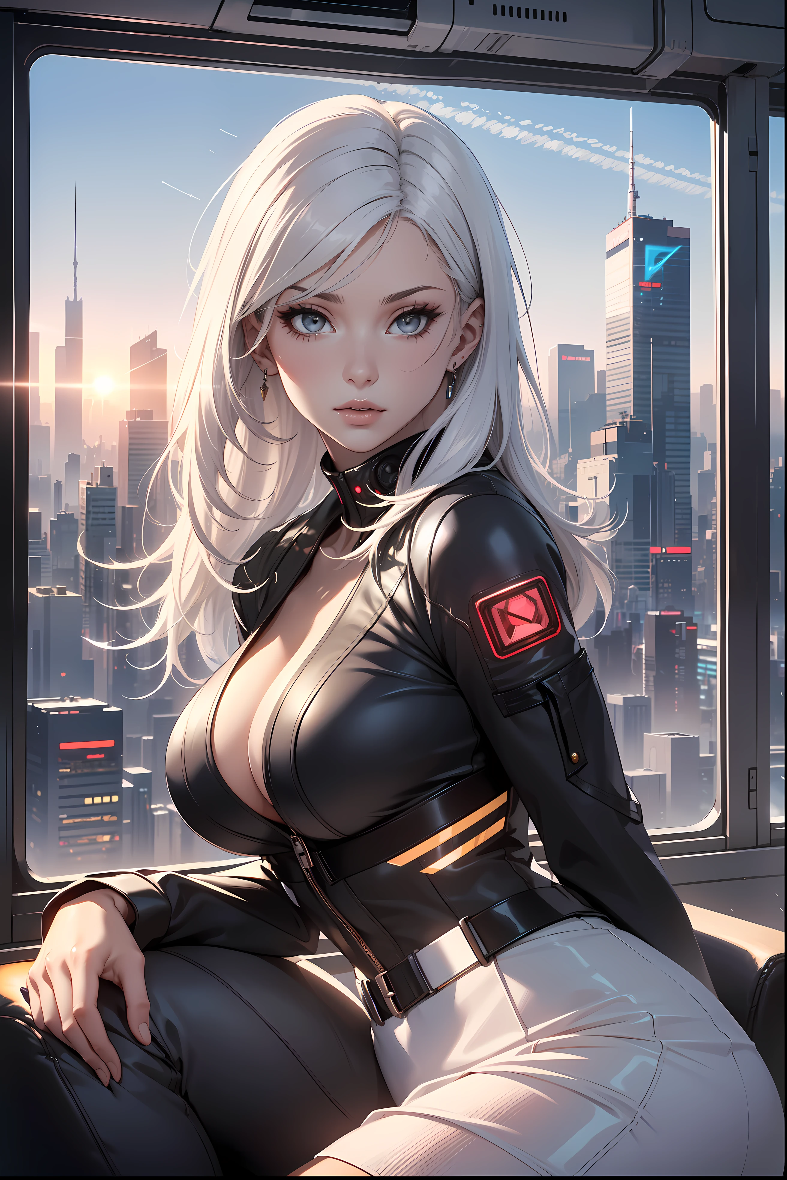 (masterpiece:1.3), (8k, photorealistic, RAW photo, best quality: 1.4), (1girl), beautiful face, (realistic face), Nice hairstyle，Realistic Eyes，Nice detail eyes，（Realistic Skin），Beautiful Skin，Ridiculous，attractive，Ultra high Resolution，an ultra realistic，RAWExtremely detailed，golden proportions, Woman wearing business outfit, white formal blazer, white blouse, white high waist business skirt, beautiful, masterpiece, best quality, perfect lighting, (white hair:1.4), long hair, (grey eyes:1.2), slender build, thin, medium breasts, business woman, ceo of small arms and aerospace centered mega corporation, sitting in luxurious black office chair, giant modern window with view overlooking dusk cyberpunk city skyline in background, torso shot, dusk, (cyberpunk city background:1.3), (Hazy sky:1.2), (Dim red sun:1.3), eyelashes, dark eyeliner, cyberpunk, older, sleek modern-futuristic office, (white clothes:1.2), (aerospace:1.1), (distant contrail rising up into the sky:1.3)