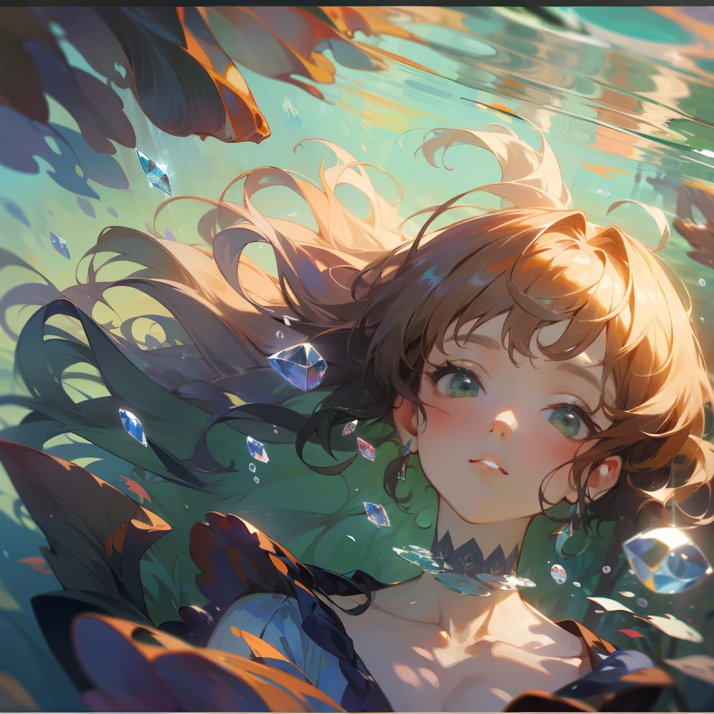 Goddess painted by Renoir and Claude Monet, underwater, mystical beauty, floating hair, crystal