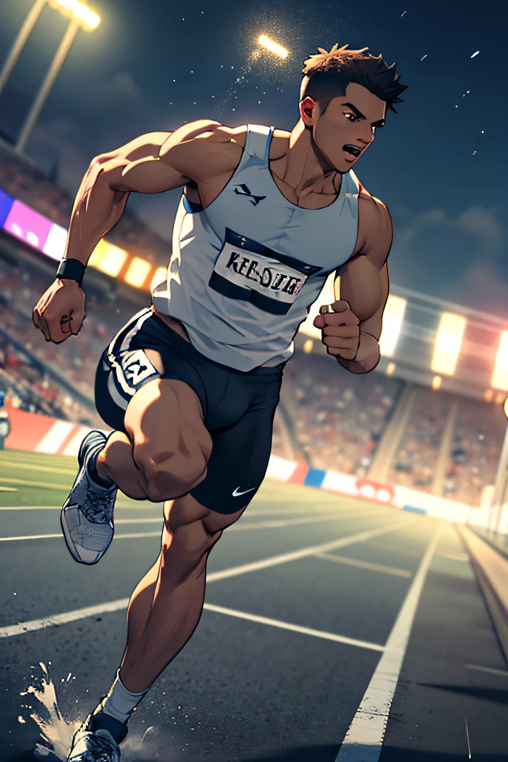 A confident dark-skinned young man in athletic attire, mid-stride during a sprint. The motion blur captures his speed and determination as he races towards the finish line. The stadium lights create a dramatic setting, emphasizing his athletic prowess. (confident:1.2), (athletic attire), (sprint motion blur), (speed and determination), (finish line), (dramatic stadium lights), (athletic prowess), (highly detailed:1.1), (dynamic atmosphere:0.9)