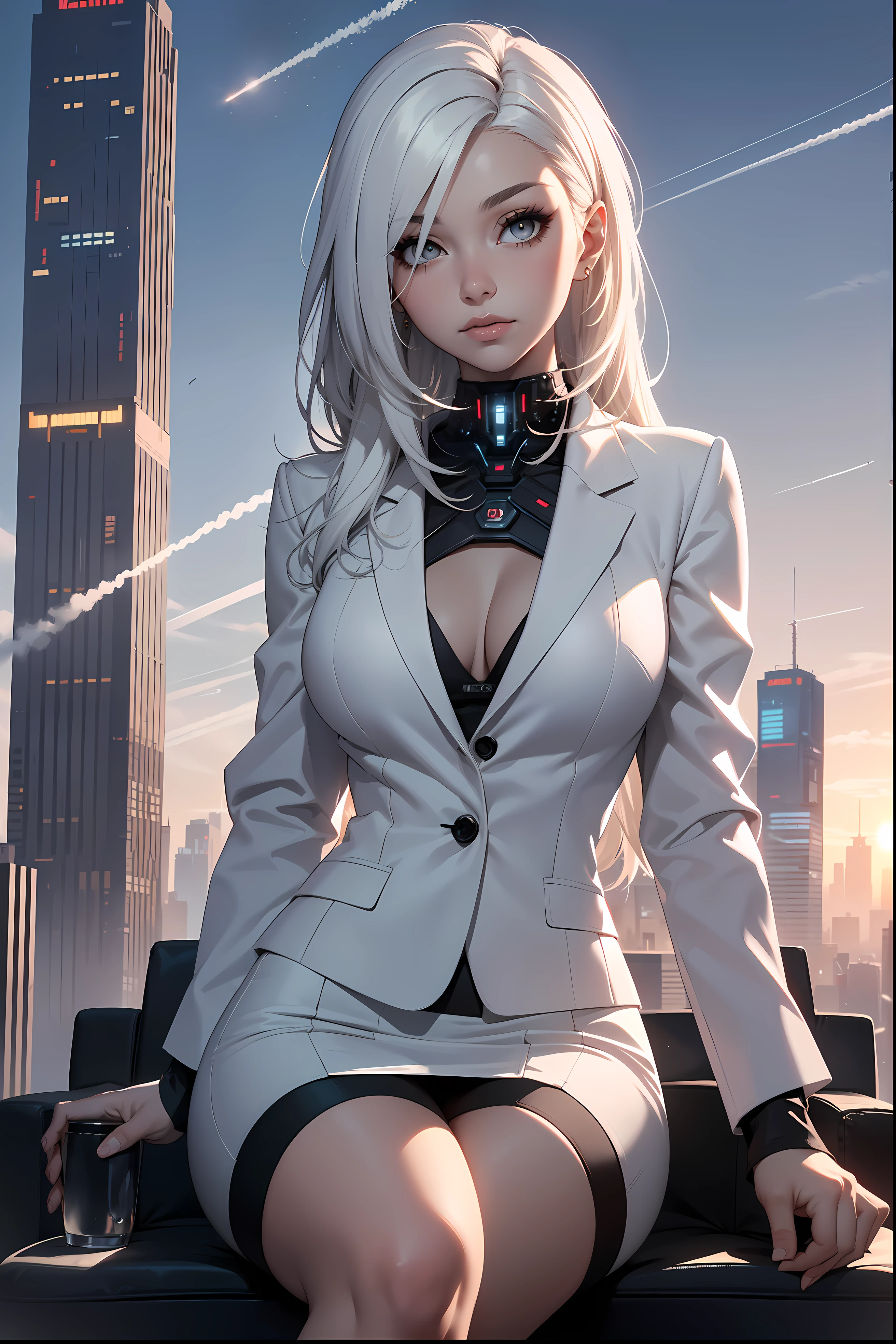 (masterpiece:1.3), (8k, photorealistic, RAW photo, best quality: 1.4), (1girl), beautiful face, (realistic face), Nice hairstyle,Realistic Eyes,Nice detail eyes,(Realistic Skin),Beautiful Skin,Ridiculous,attractive,Ultra high Resolution,an ultra realistic,RAWExtremely detailed,golden proportions, Woman wearing business outfit, white formal blazer, white blouse, white high waist business skirt, beautiful, masterpiece, best quality, perfect lighting, (white hair:1.4), long hair, (grey eyes:1.2), slender build, thin, medium breasts, business woman, ceo of small arms and aerospace centered mega corporation, sitting in luxurious black office chair, giant modern window with view overlooking dusk cyberpunk city skyline in background, torso shot, dusk, (cyberpunk city background:1.3), (Hazy sky:1.2), (Dim red sun:1.3), eyelashes, dark eyeliner, cyberpunk, older, sleek modern-futuristic office, (white clothes:1.2), (aerospace:1.1), (distant contrail rising up into the sky:1.3)