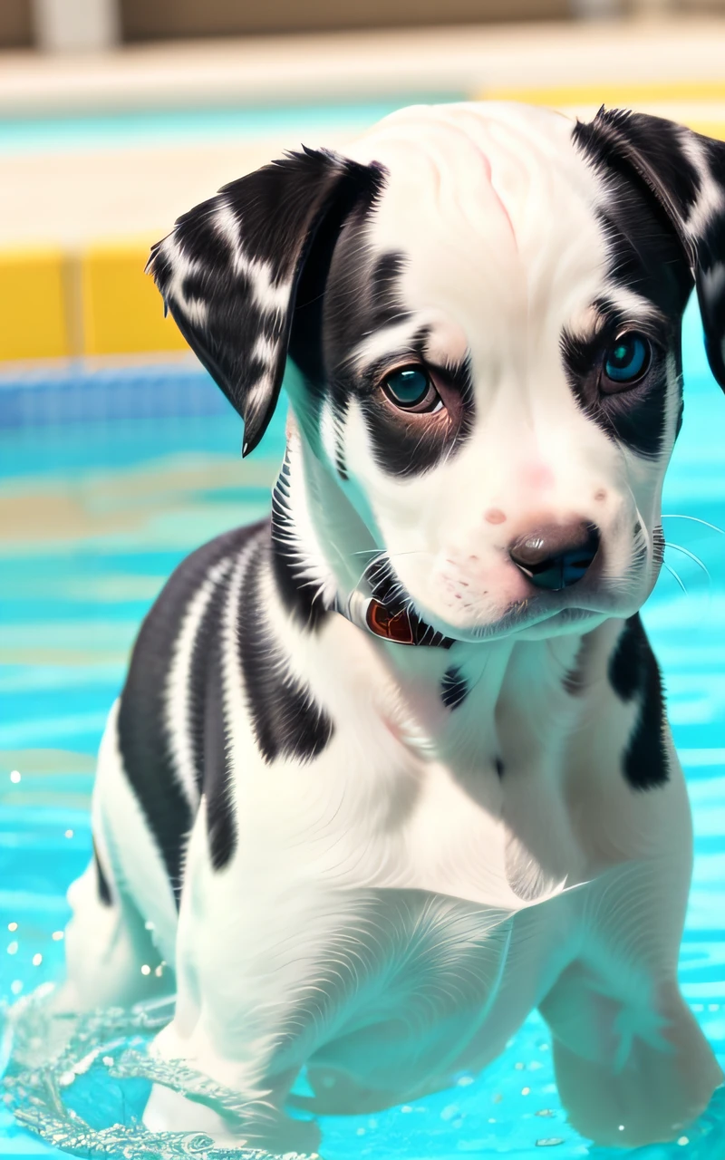 hyper Quality,Cute two Dalmatian puppies,different body colors,swimming in the pool,smile,black eyes,barking,narrow eyes,smile,eos r3 28mm --auto