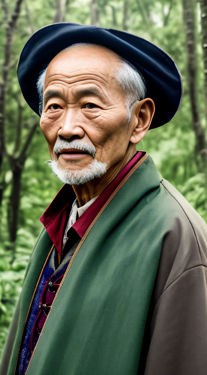 Portrait photography style, world masterpiece, super unique high professional digital art, film format, hyper-realism, color cinematography with ultra-fine details and quality, background is deep in the forest, an old man in rural China, an old man with wisdom. He wears an old cloak and is looking forward with his face, his eyes kind and shrewd. He was looking forward, his skin had been blackened and powerful by the sun and rain, and the wrinkles were fixed on the corners of his mouth and forehead, making it seem that his years had precipitated. Although wearing a dark gown, although simple in appearance, it exudes sublime wisdom and a sense of tenacity of strength.