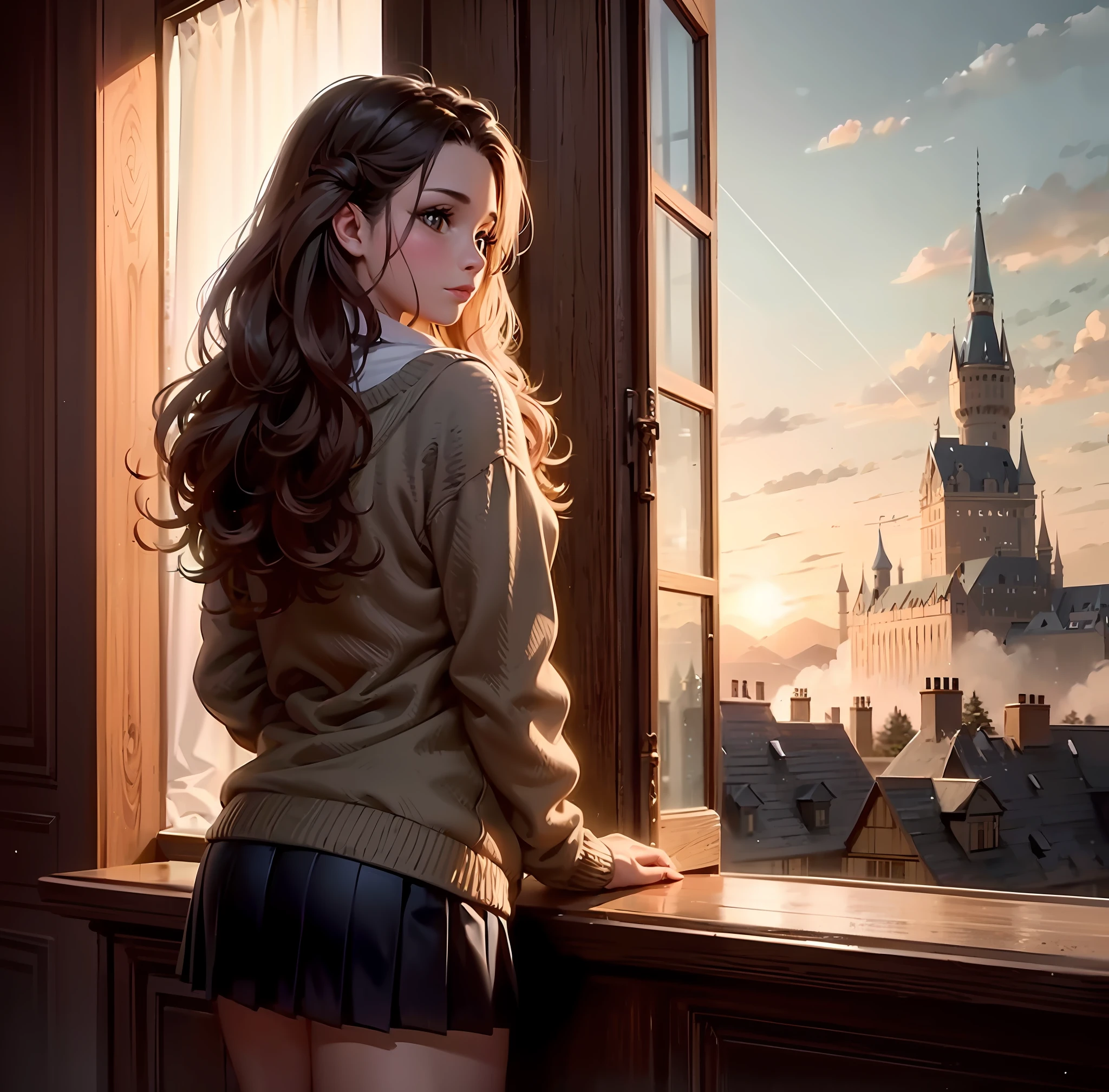 Rear view, 1girl, top quality, 8k, long curly hair, hermione granger\(harry potter\) (harry potter), sweater, short skirt, looking out the horizon from the window, hogwarts, ancient castle --auto