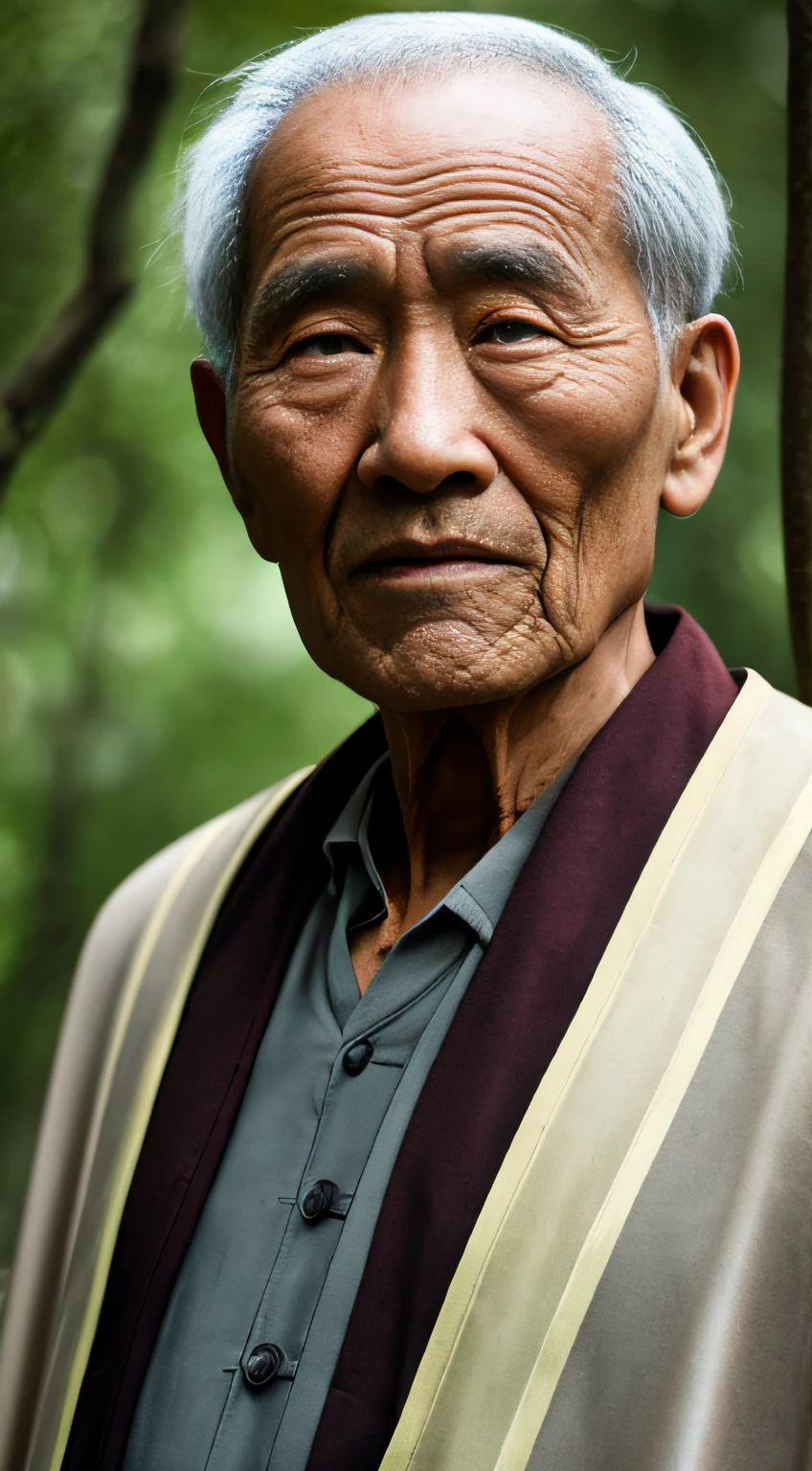 Portrait photography style, world masterpiece, super unique high professional digital art, film format, hyper-realism, color cinematography with ultra-fine details and quality, background is deep in the forest, an old man in rural China, an old man with wisdom. He wears an old cloak and is looking forward with his face, his eyes kind and shrewd. He was looking forward, his skin had been blackened and powerful by the sun and rain, and the wrinkles were fixed on the corners of his mouth and forehead, making it seem that his years had precipitated. Although wearing a dark gown, although simple in appearance, it exudes sublime wisdom and a sense of tenacity of strength.