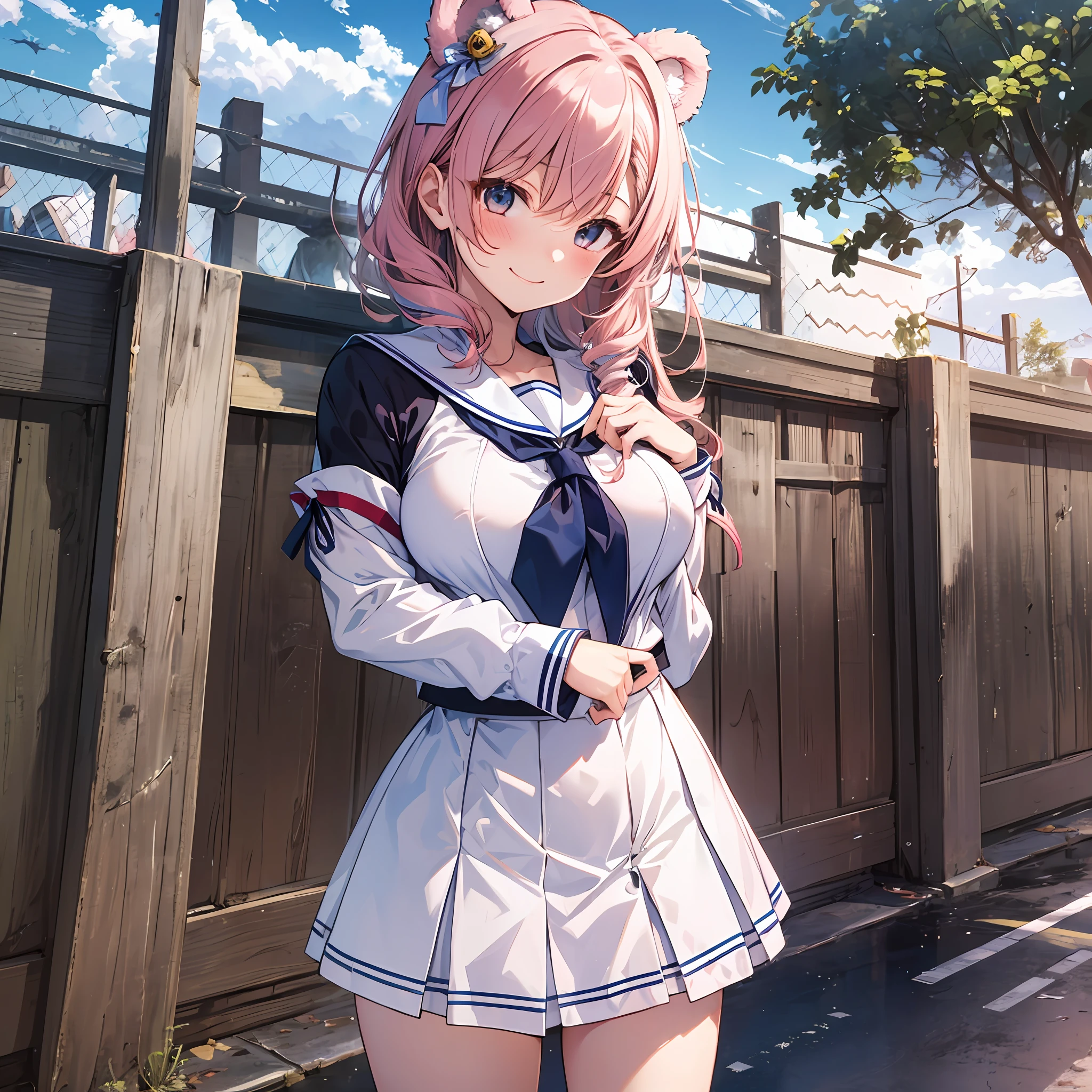 Top Quality High School Girl Bear Ears School Transparency Beautiful Girl Random Pose Misaka Mikoto Big Tits White Sailor Suit Navy Blue Mini Skirt White Loose Socks Pink Hair Fastening Beautiful Skin Smile