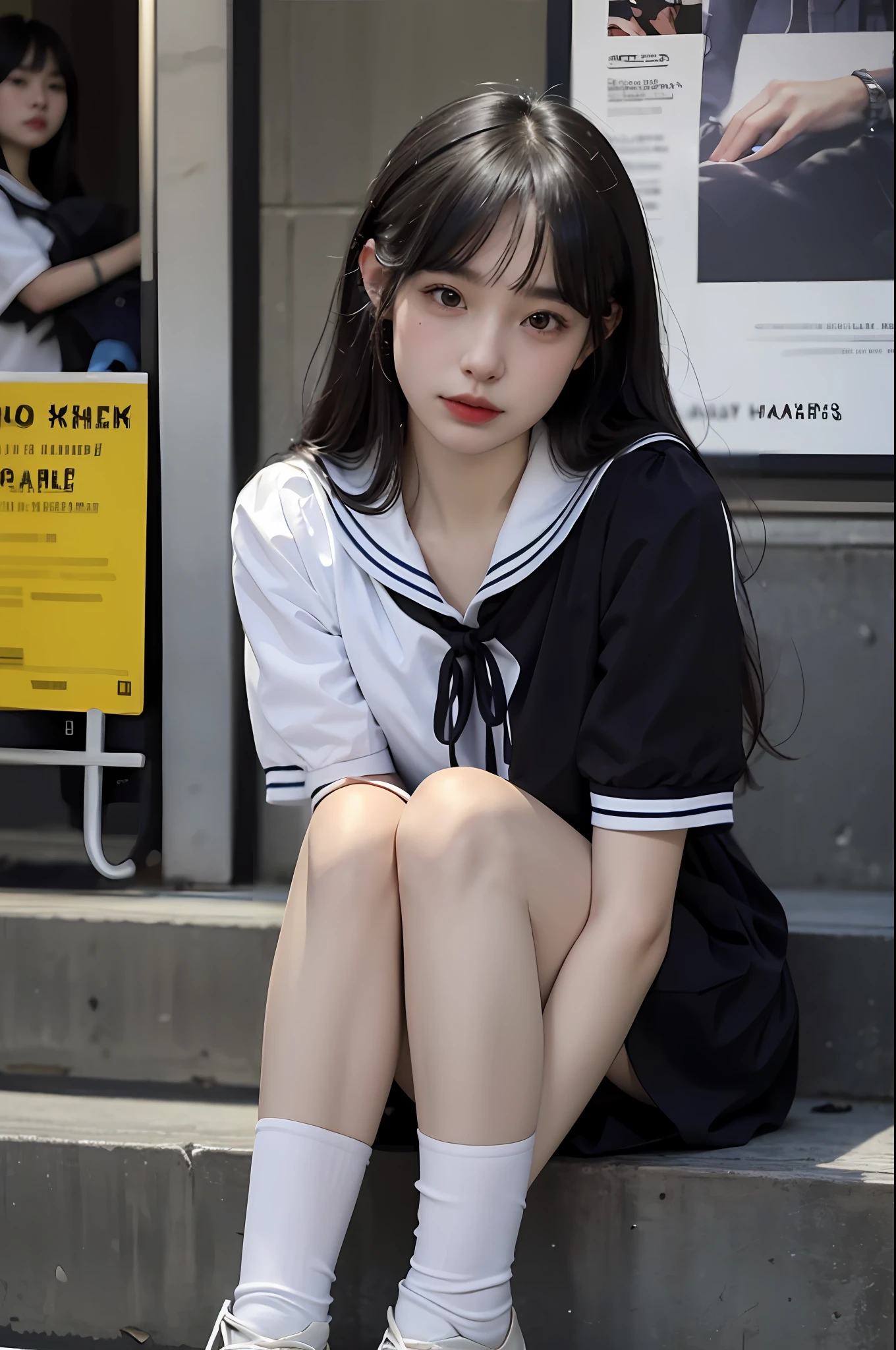 (8k, best quality, masterpiece: 1.2), (realistic, realistic, photorealistic: 1.37), 2 girls, hyper detail, beautiful detail eyes, beautiful detail nose, (((2girls))), short-sleeved sailor suit, pleated short skirt, full body photo, shoes, standing, hands between legs, subway station, empty, looking down on the camera