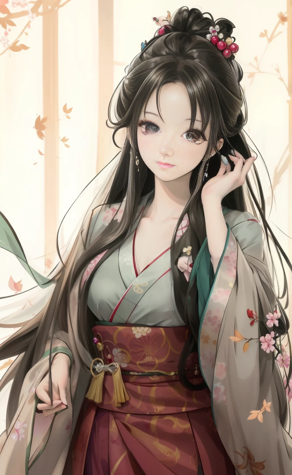 a close up of a woman in a kimono outfit with long hair, flowing hair and long robes, anime girl with long hair, palace , a girl in hanfu, beautiful anime portrait, anime style 4 k, beautiful anime girl, artwork in the style of guweiz, beautiful anime woman, beautiful character painting, guweiz, beautiful alluring anime woman