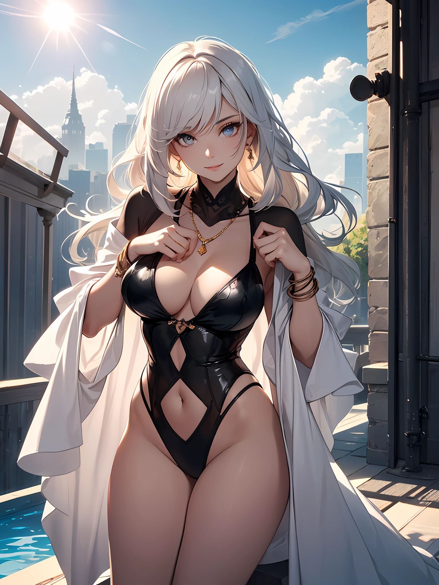 (masterpiece, best quality), (finely detailed beautiful eyes), (finely detailed eyes and detailed face), (scenery), (extremely detailed CG, ultra-detailed, best shadow), ((depth of field)), beautiful concept illustration, (illustration), (extremely fine and beautiful), (perfect details), cowboy shot, young girl, swimsuit, smile, happy, Mode Girl, Simple styling, sharp lines, Natural and elegant makeup, To make the skin shine and bring out a sense of transparency, Simple eye makeup, mascara, Lips are subdued or colors, Minimalism, monotone, simple color palettes, Clean, sharp designs, flowing silhouettes, asymmetrical, geometric, Elegant and luxurious materials and designs, Simple, minimal accessories, Slim necklaces and rings in silver or gold, Simple bangles, Distinctive designs, simple silhouettes, chic and mature impression, simple and sophisticated style, elegance, minimalism, high quality materials, cool and urban impression, high fashion, simplicity and sophistication, beautiful sky, cloud, sun, sun light, sitting, knees up, summer, Summer Pool Party, lens flare, shining, aureole,