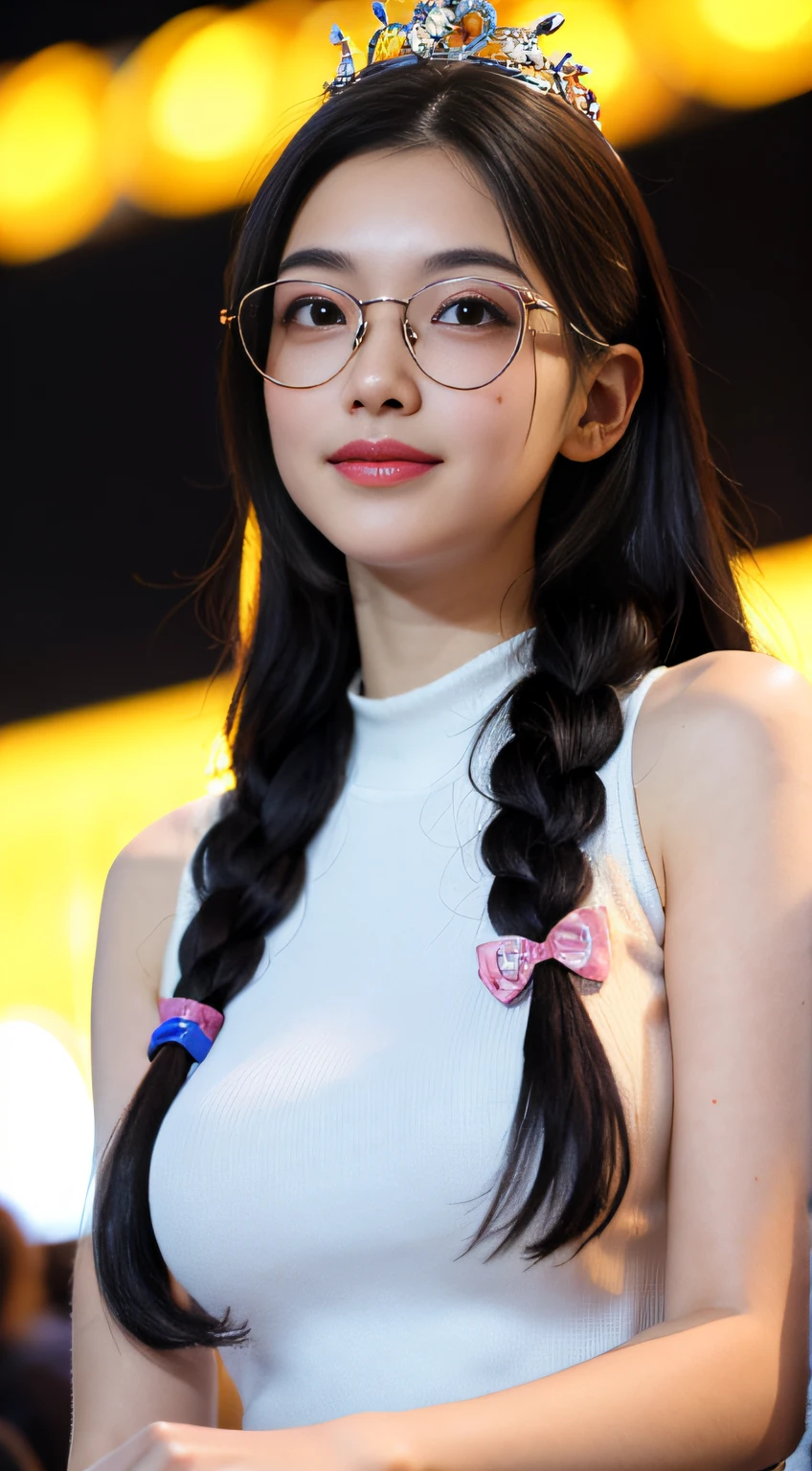 girl, Long hair, Black silk, Sexy, Lovely, Blush, Perfect facial features, multicolored hair, streaked hair, braid, hair strand, shiny hair, crown, rimless eyewear, heart hair ornament, mole under eye, longeyelashes, color contact lenses, smile, parted lips, Realism, Futurism, Art Deco, Expressionism, Contemporary art, chromatic aberration, cinematic lighting, ray tracing, bloom, anaglyph, optical illusion, from below, Sony FE GM, retina, 1080P, UHD, ccurate, textured skin, super detail, award winning, best quality, high details, high quality --chaos 100 --stylize 1000 --style ,