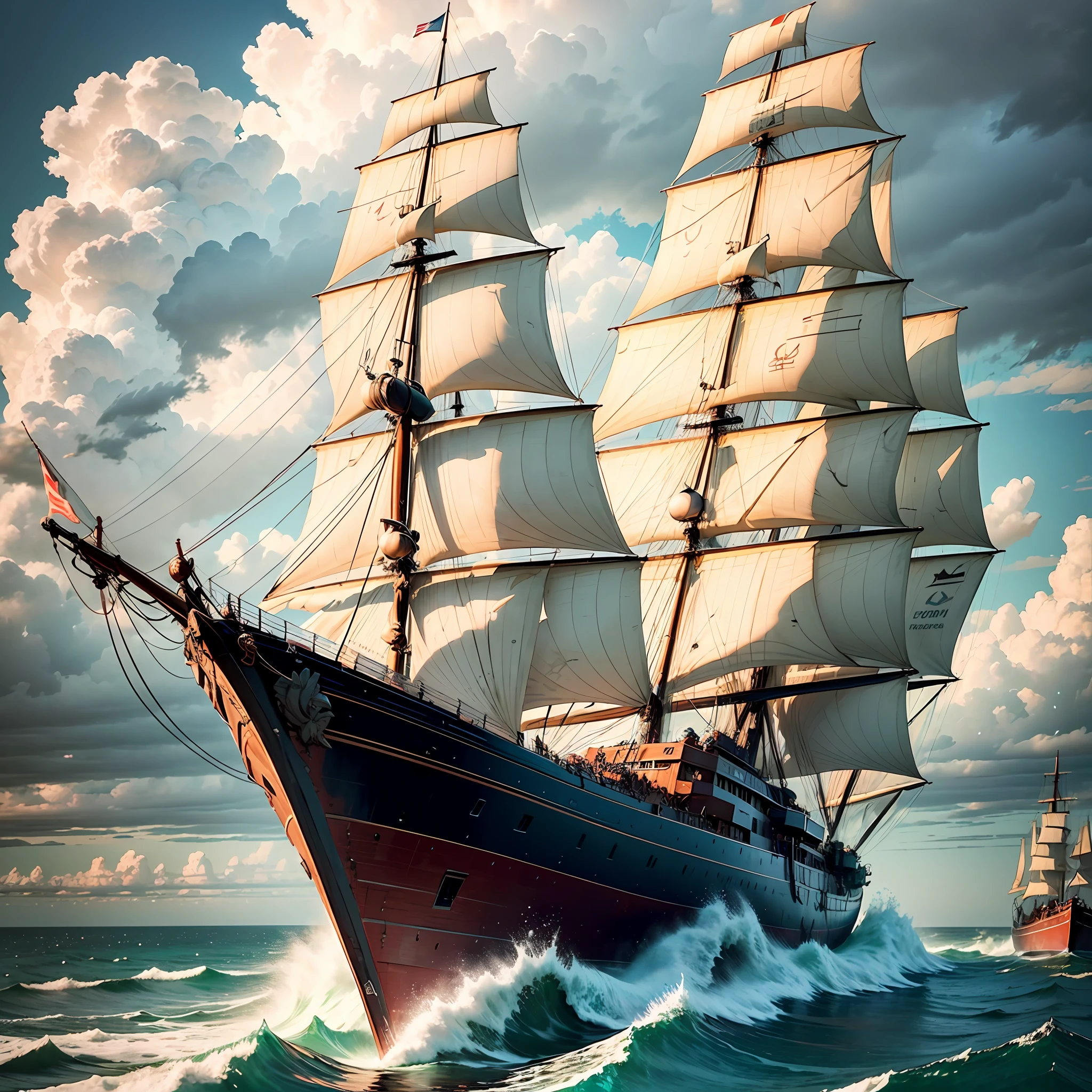 Computer visualized graphics, realistic fantasy, Extensive landscape ultrasound photography (general view showing a sailboat, a huge wooden sailing ship, with decks, 4 decks, stern, hold, + a lot of sails, + bow, + tank, + stern, + ut + decks, ), morning, morning sky, storm, storm, ocean, sandbank, rocks, sky, morning, --auto
