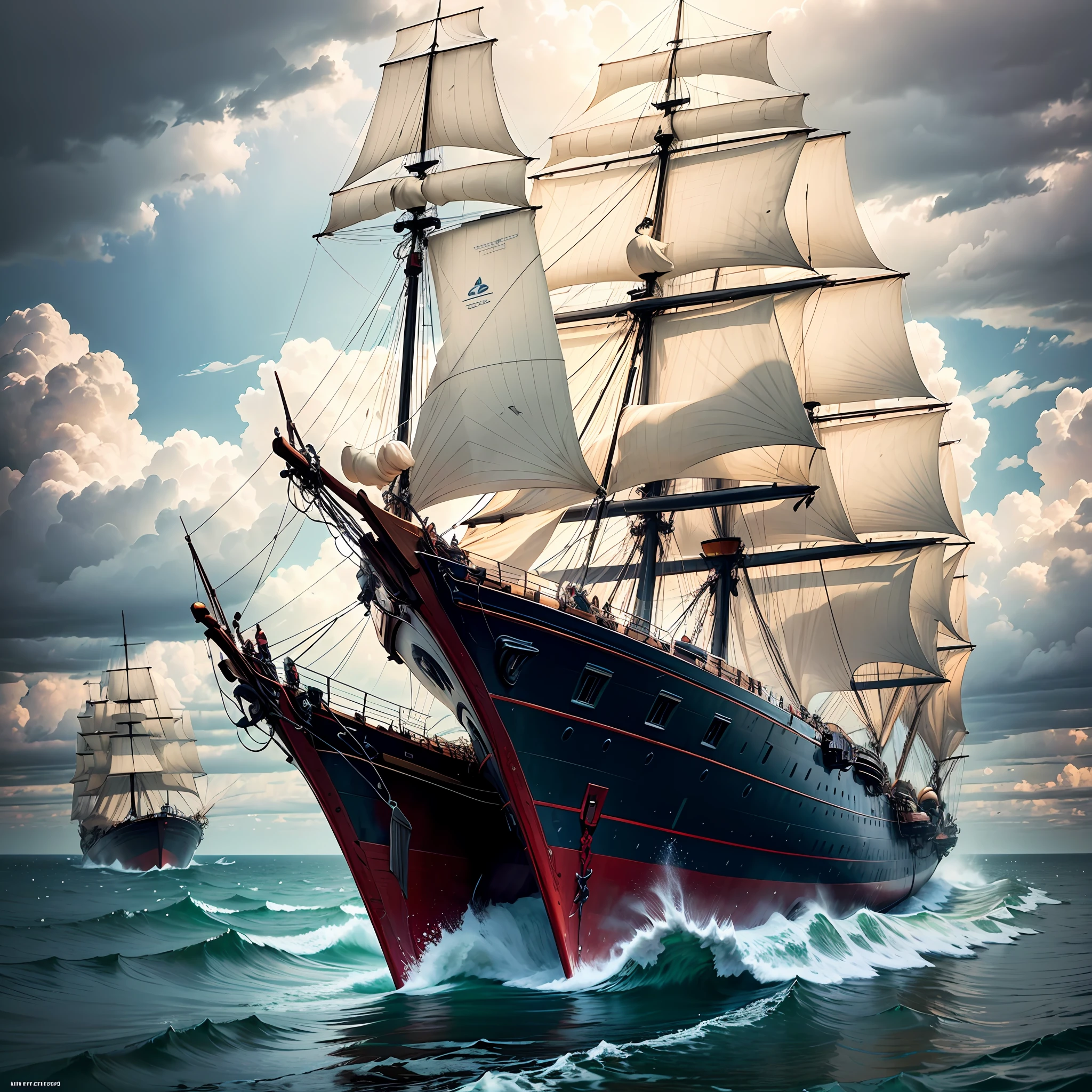 Computer visualized graphics, realistic fantasy, Extensive landscape ultrasound photography (general view showing a sailboat, a huge wooden sailing ship, with decks, 4 decks, stern, hold, + a lot of sails, + bow, + tank, + stern, + ut + decks, ), morning, morning sky, storm, storm, ocean, sandbank, rocks, sky, morning, --auto