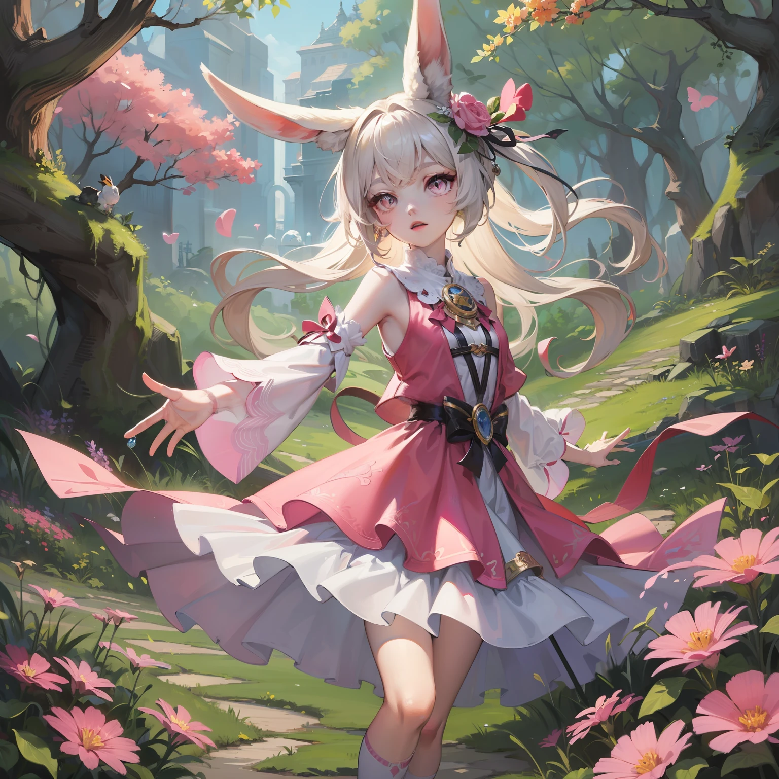 Best Quality, Superb Picture Quality, 8K, Masterpiece: 1.2, Super Detailed, Beautiful Character Painting, Pink Clothes, Rabbit Ears, Epic Exquisite Character Art, Art Source Douluo Continent Little Dance, Super Detailed Clothes Details, Light Pink Eyes, 6 Year Old Little Girl