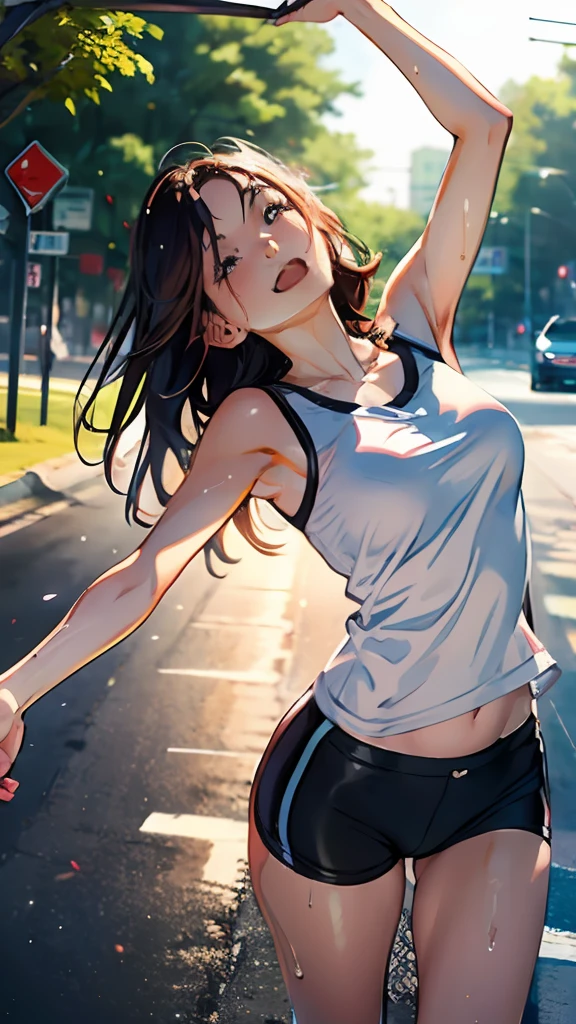 A girl, bathed in sunlight, full of vitality, opens her arms wide, sweat glistening on her body, happy, on a clean road