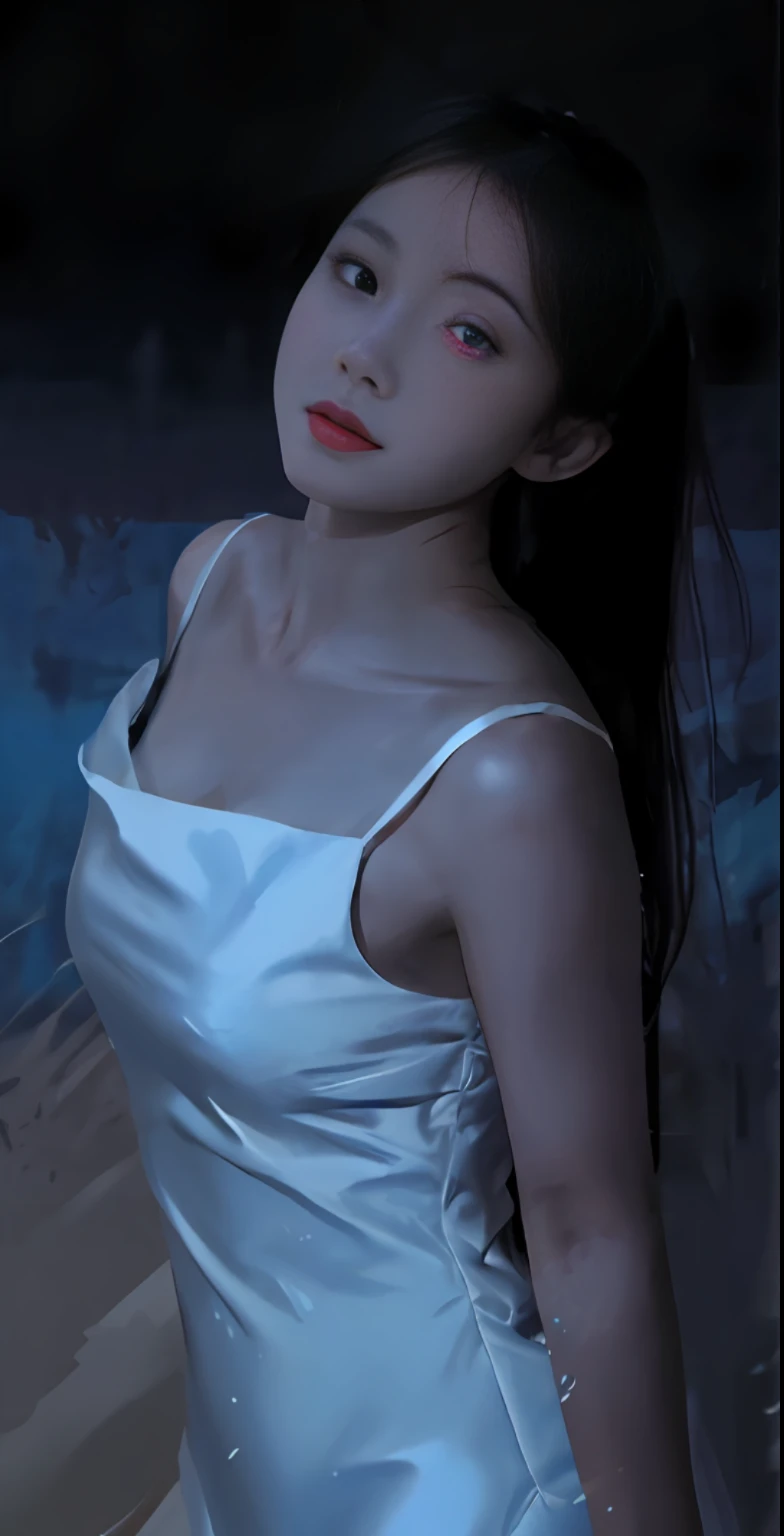 Korean sexy woman in white dress standing in front of a painting, girl in white dress, dancing in white dress, white dress, white silk, in art gallery], wearing white flowing dress, wearing cute white dress, Nico in white dress, soft silk dress, wearing white long dress, in the gallery, big eyes, watery big eyes