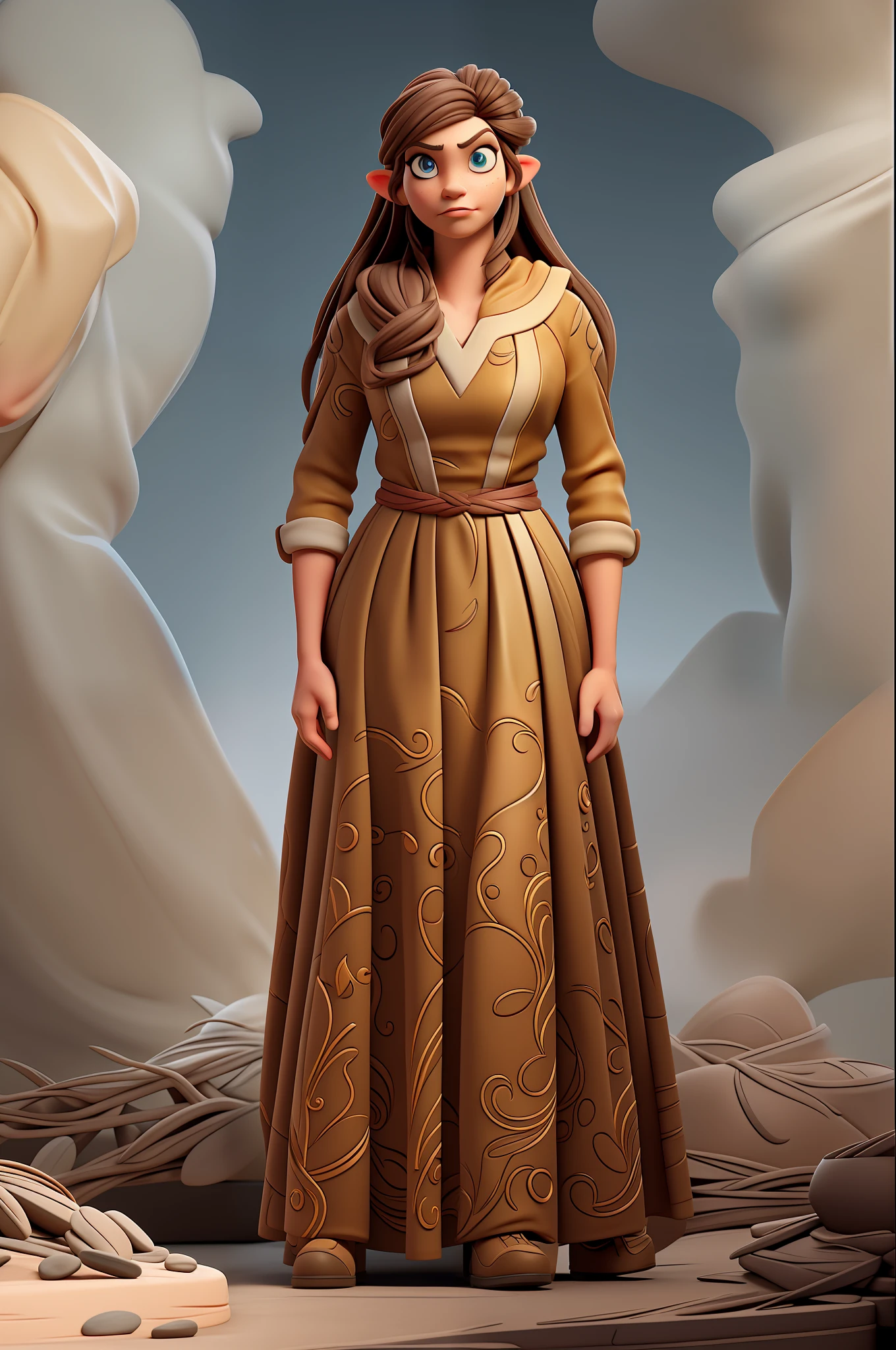 (Masterpiece), (Excellent), (Super Meticulous), (Full Body: 1.2), realistic and proportional human body:1.2, gorgeous Woman, Female beautiful elf:1.5, tall and slender, small breasts, thin waist, thick tighs, elegant lady, black hair stylized in a high high bun:1.5, solo:1.5, 1girl, hyper detailed medieval long black dress:1.8, nouble, big realistic amber eyes:1.2,  hyper detailed face, d&d iconic character, hyper natural realistic skin, herbal tattoos on her neck,Very Clean Face, Confident and proud facial expression, 3D character design, CGI extreme detailed wallpaper digital art, cartoon style correct anatomy, octane render, fierce expression on her face, volumetrics