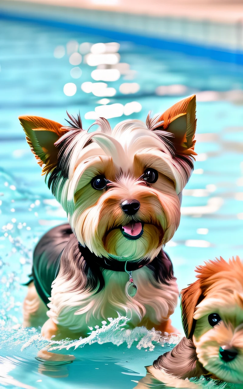 hyper Quality,Cute two Yorkshire Terrier puppies,different body colors,swimming in the pool,smile,black eyes,barking,narrow eyes,smile,eos r3 28mm --auto