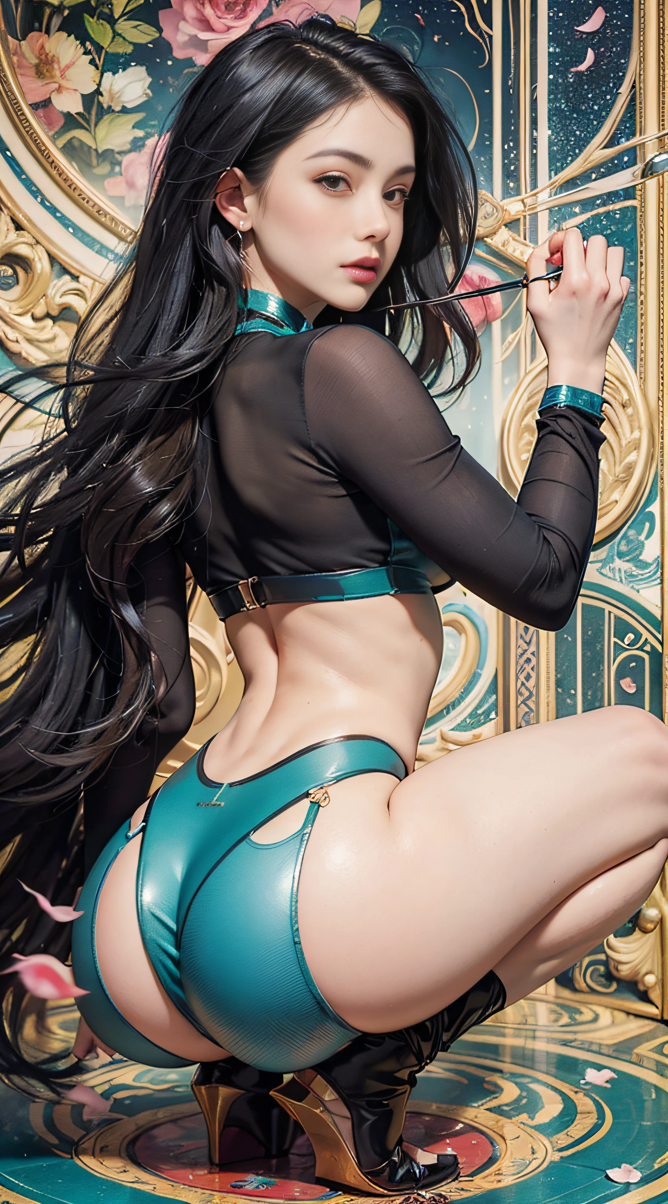 Stunning beauty, aesthetic, oil painting style, thick painting, peerless style of women, long black hair, inextricable wisps, beautiful posture, graceful curves, plump ideal type, back, buttocks, butt, inner thighs, soles of the feet, kneeling squats, bold, elegant, extravagant artistic acts, romanticism, (fractal art), vibrant colors, sun glare smooth skin, professional photography close-up, fauvist design, explore Victoria's Secret, blush, flower petals, vivid colors, the most beautiful chaotic forms, colorful, Colorful magnificent, from above, from the front view,