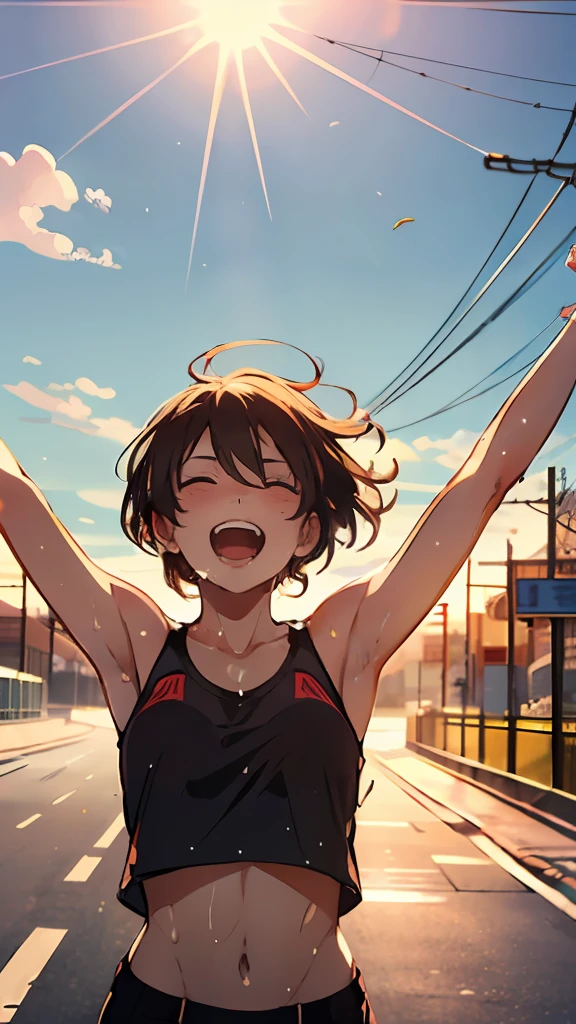 A girl, bathed in sunlight, full of vitality, opens her arms wide, sweat glistening on her body, happy, on a clean road