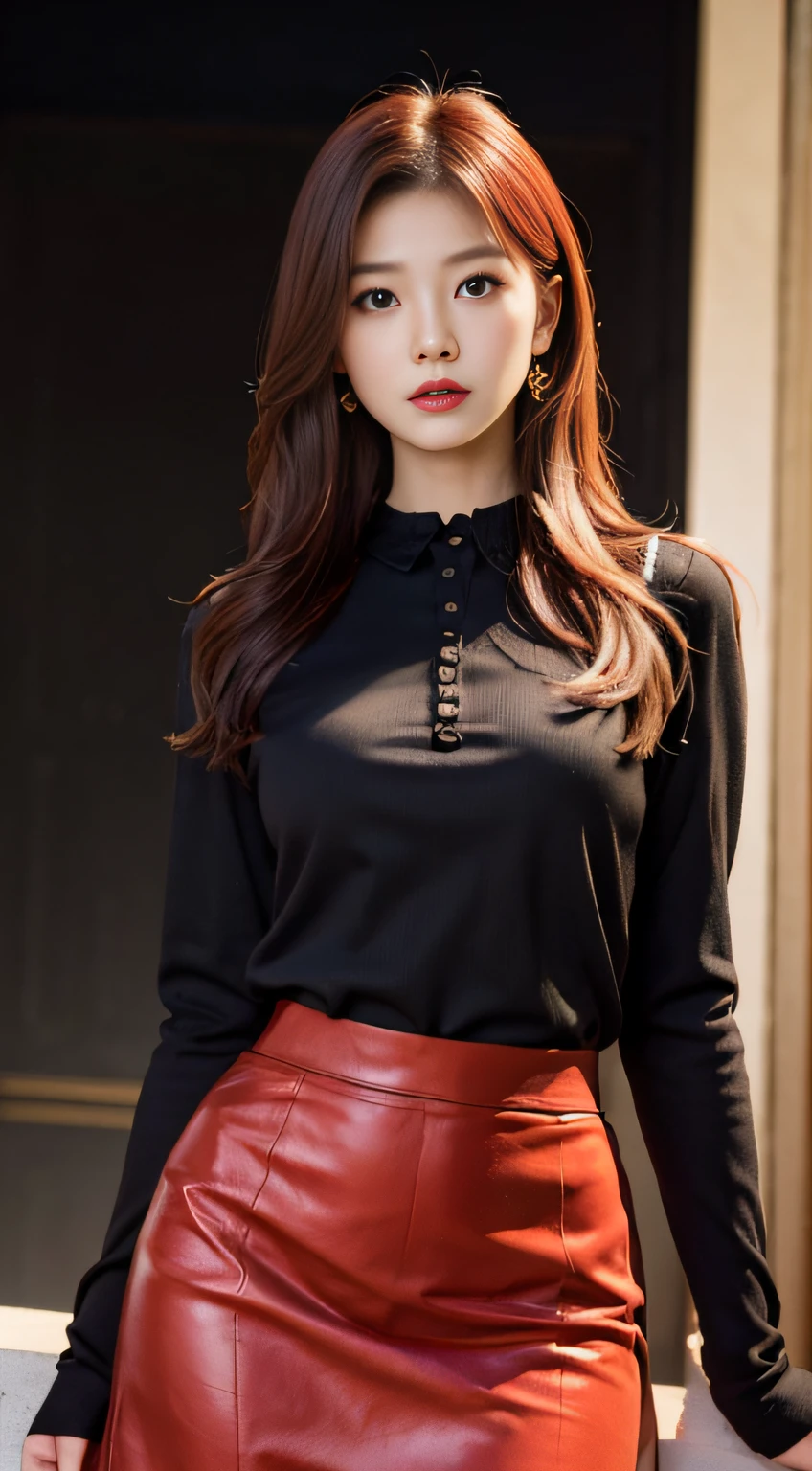 Japanese actress, Emily Suzuwara, masterpiece, light makeup, red lips, red hair, messy long hair, pure background, beautiful, elegant. Ultra-fine details, masterpieces, realistic textures, realistic cinematic lighting, perfect work, 8k, HD, delicate facial features, black shirt, black hip skirt and delicate curves