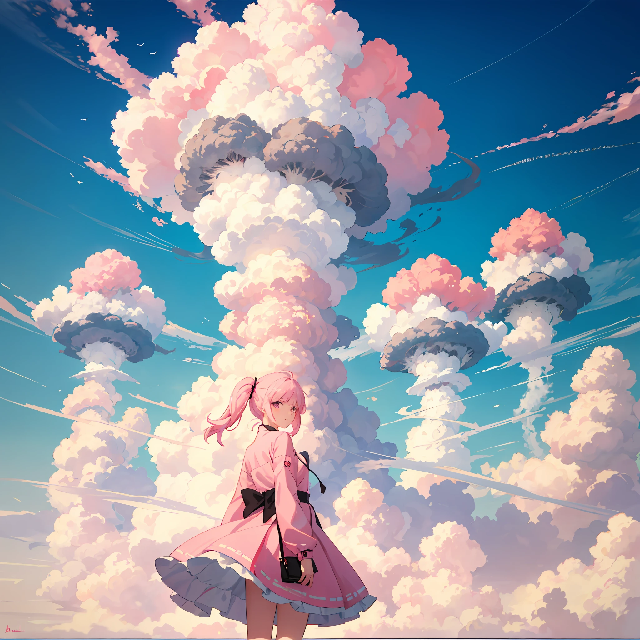 a woman standing in front of a cloud with a pink sky, fluffy pink anime clouds, girl clouds, in front of a nuclear explosion, nuclear cloud, she is approaching heaven, looks at the nuclear explosion, cloud goddess, anime clouds, toxic clouds, mushroom cloud, nuclear explosions paint sky, mushroom cloud on horizon, pink storm clouds, pink clouds