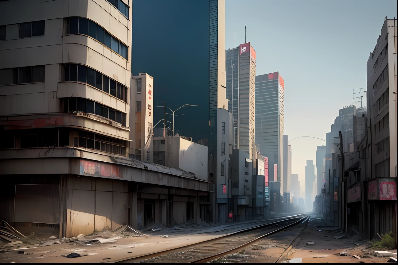 buildings in a city with a train passing by on a street, dusty abandoned shinjuku, post apocalyptic tokyo, set in post apocalyptic tokyo, octane render. by makoto shinkai, deserted shinjuku junk, deserted shinjuku junk town, tokyo anime scene, hyper realistic cyberpunk city, an abandoned dystopian city, tokio futuristic in background, cyberpunk hiroshima