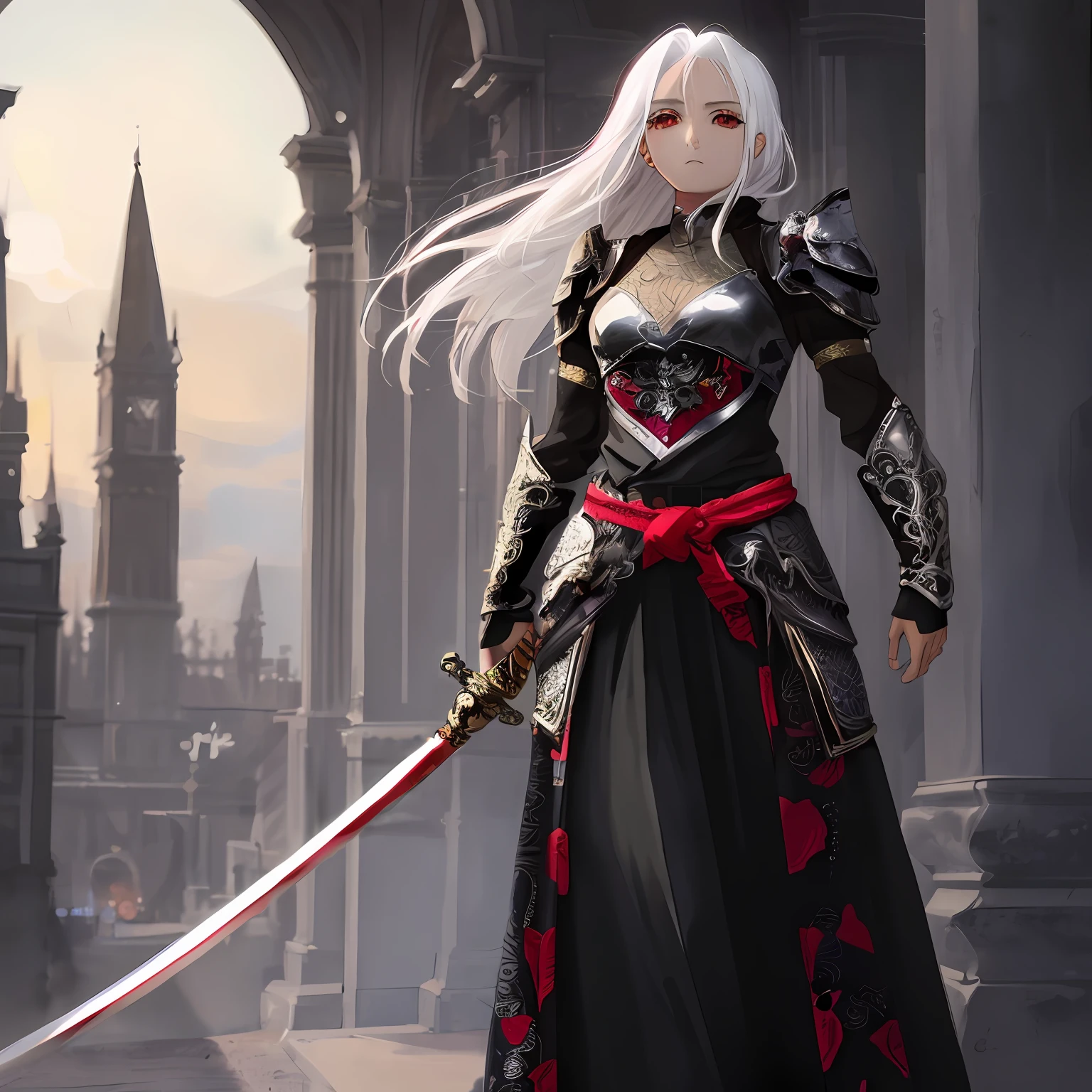 anime, anime female, white hair, indifferent expression, female model, red eyes, red belt wrapped, gorgeous red rope belt, small bell hanging near the left belt