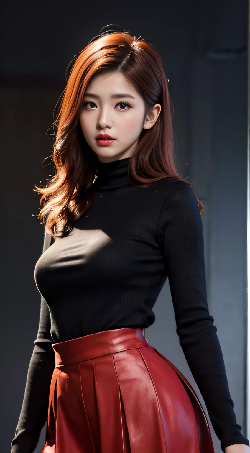 Japanese actress, Emily Suzuwara, masterpiece, light makeup, red lips, red hair, messy long hair, pure background, beautiful, elegant. Ultra-fine details, masterpieces, realistic textures, realistic cinematic lighting, perfect work, 8k, HD, delicate facial features, black shirt, black hip skirt and delicate curves