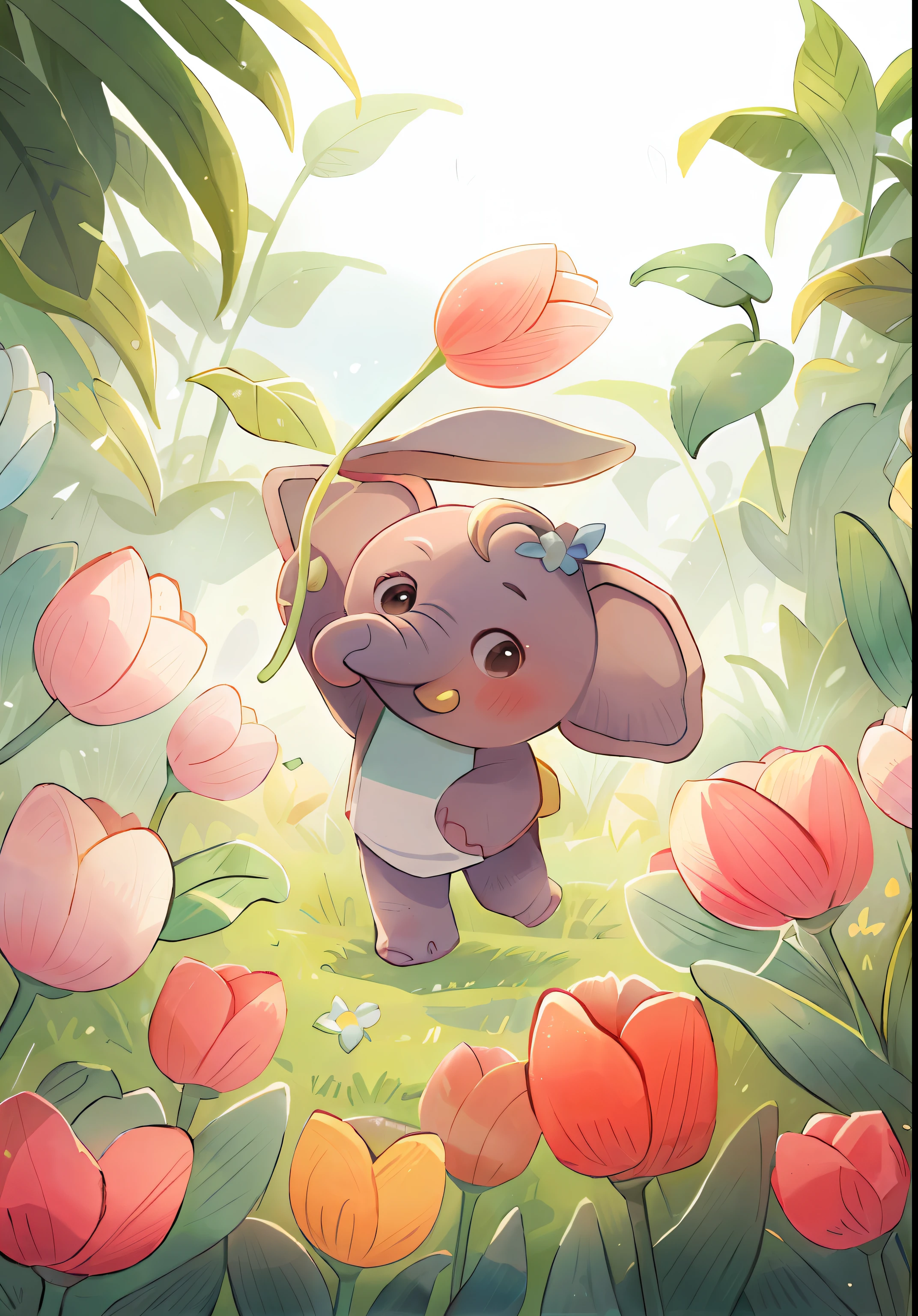 A cute elephant is flanked by many tulips