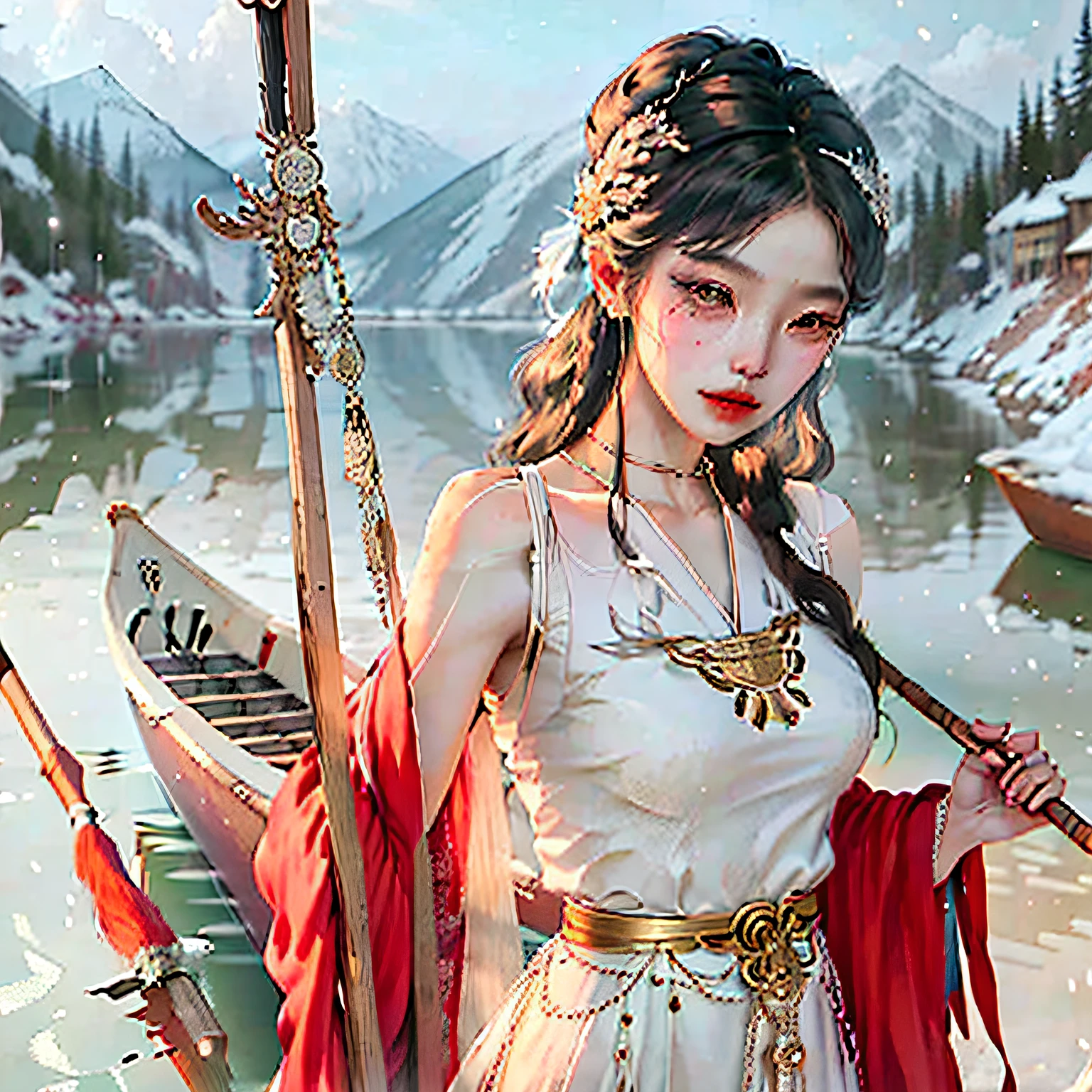 A Song Dynasty girl was boating with an oar, long hair and a shawl, all white, with a gold belt tied in her hair, white snow, skin better than snow, delicate --auto