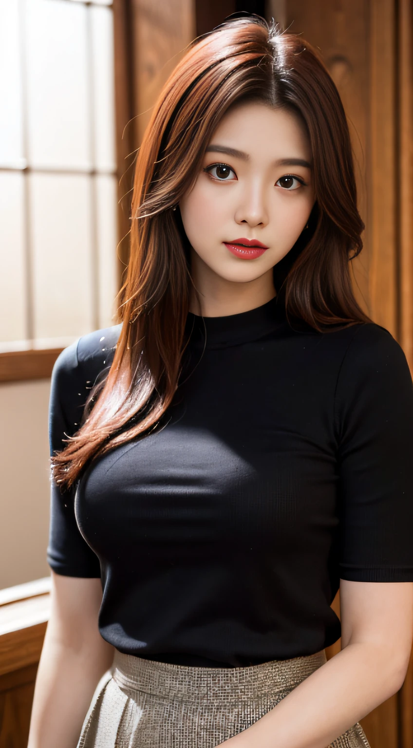 Japanese actress, Emily Suzuwara, masterpiece, light makeup, red lips, red hair, messy long hair, pure background, beautiful, elegant. Ultra-fine details, masterpieces, realistic textures, realistic cinematic lighting, perfect work, 8k, HD, delicate facial features, black shirt, black hip skirt and delicate curves